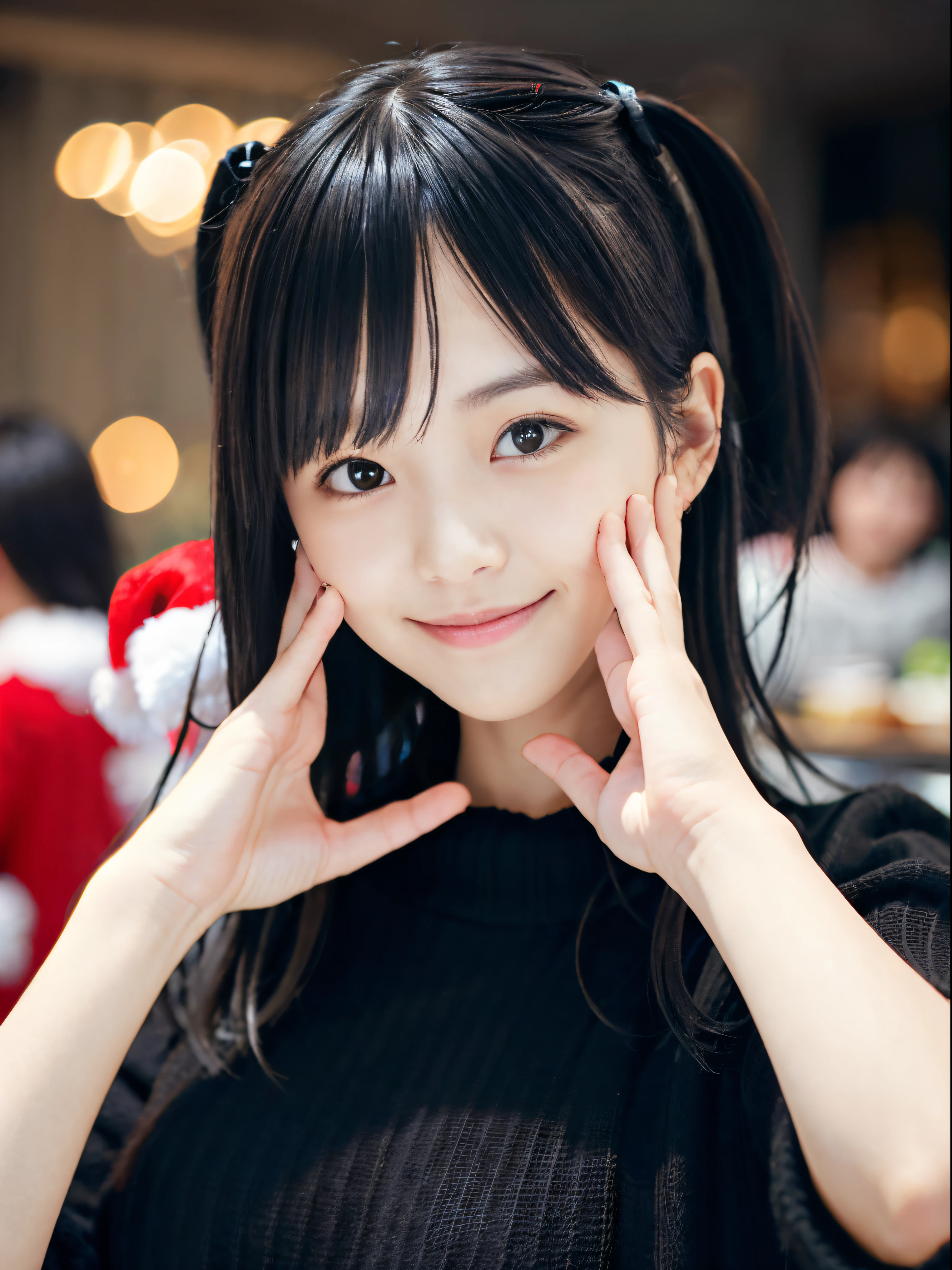 (Close up portrait of two side-up hair girls in winter black knitted sweater and black shirt。:1.5)、(Girls hold a Christmas party in a cafe at night with shy smiles:1.5)、( Blurry background,:1.5)、(Perfect Anatomy:1.3)、(complete hands:1.3)、(complete fingers:1.3)、Photorealsitic、Raw photography、masutepiece、top-quality、hight resolution、delicate and pretty、face perfect、Beautiful detailed eyes、Fair skin、Real Human Skin、((thin legs))