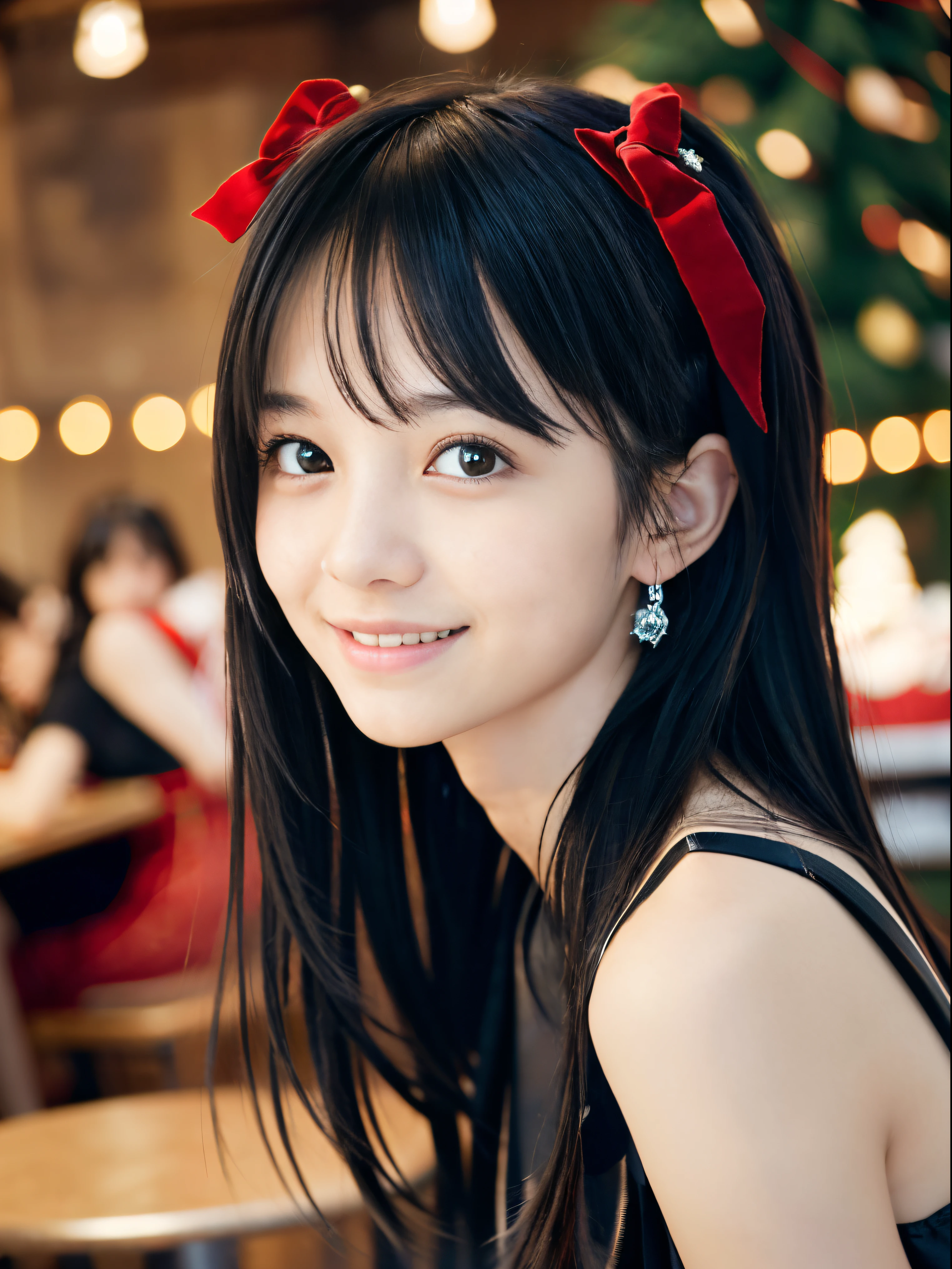 (Close up portrait of two side-up haired girls in black wearing party dresses。:1.5)、(Girls hold a Christmas party in a cafe at night with shy smiles:1.5)、( Blurry background,:1.5)、(Perfect Anatomy:1.3)、(complete hands:1.3)、(complete fingers:1.3)、Photorealsitic、Raw photography、masutepiece、top-quality、hight resolution、delicate and pretty、face perfect、Beautiful detailed eyes、Fair skin、Real Human Skin、((thin legs))
