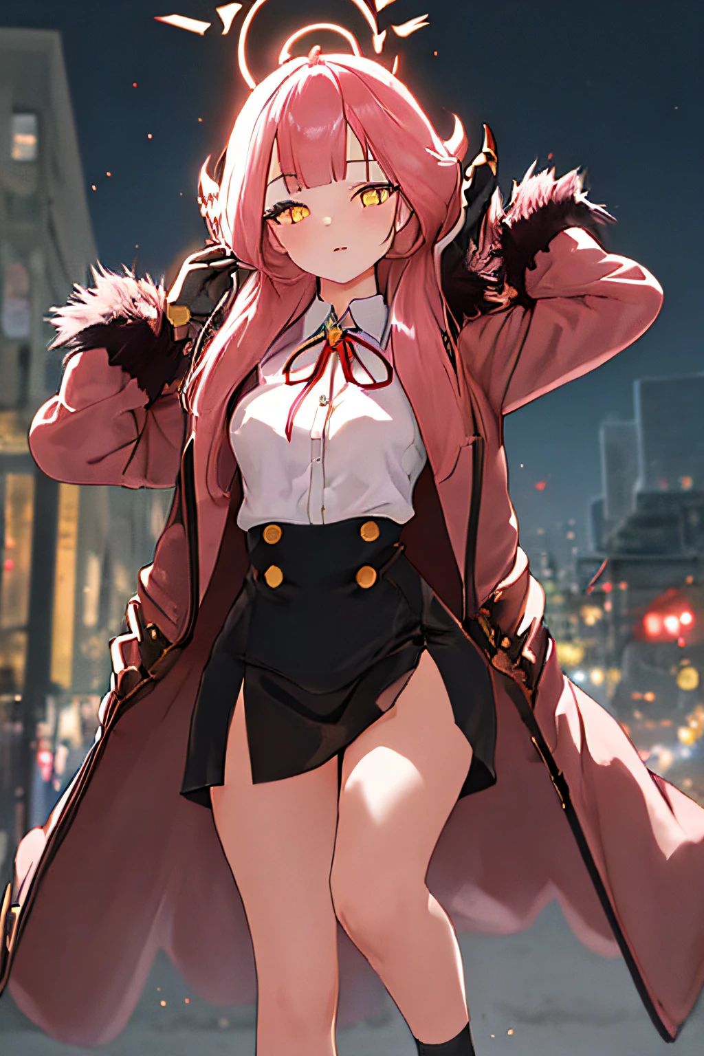 superfine illustration, Extremely detailed, A beautiful and cute girl, very detailed beautiful face and eyes, Big explosion in the background, A huge building is exploding in the background, Black smoke, she&#39;s wearing a sci-fi suit, depth of fields, jump up.stagnated, Tears, Horns, Bangs, long_hair, Pink_hair, Halo, bow ribbon, Neck_bow ribbon, breasts, Red_bow ribbon, yellow_Eyes., Solo, {understand_blue archive:1.15}, 1girl in, coat, Collared_Shirt, furr_trim, Shirt, It features a simple_Background, white_Shirt, gloves, long_sleeves, white_gloves, blunt_Bangs, Red_coat, Motion Blur, Best Quality, masutepiece, hight resolution