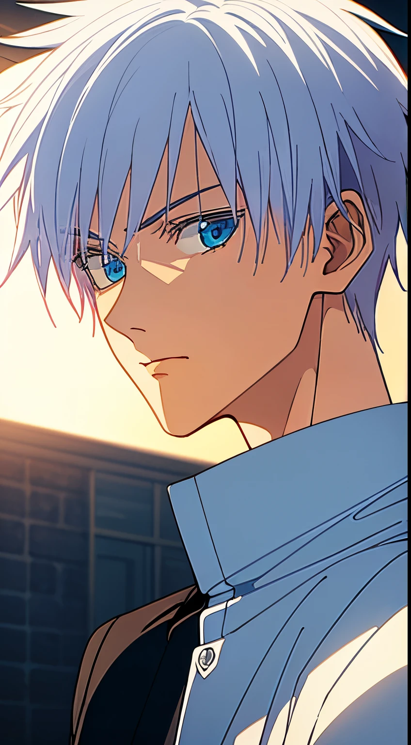 masterpiece, +++, top quality, soft light, male, man, masucline features but look a little bit feminine, satoru gojo, short white hair, portrait, black jacket, popped collar, blue eyes, spiky hair, gege akutami style