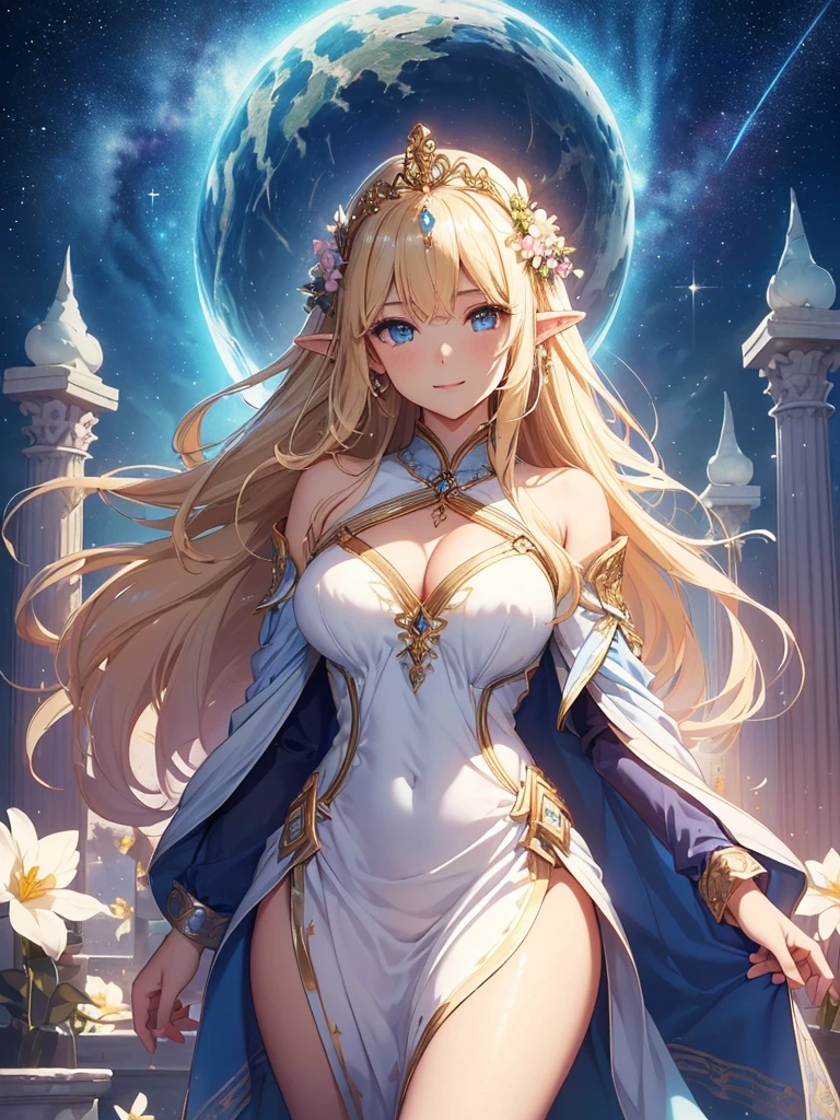 top-quality、Top image quality、masterpiece、Super beautiful girl((24 year old、Best Bust、big bast、Bust 90,Beautiful blue eyes、,Blonde long hair、A slender、a closeup、Esbian、beautiful tiara、hiquality、Beautiful Art、Background with((starrysky)))masutepiece、visualart、depth of fields、low angle of morning sky、、Elven ears、、light magic、kosmos、mid night、harp melody🎵、Happy smile、Gentle light、、Beautiful skins、beutiful breast、beautiful foot、welcome、、accurate fingers、Exact finger count、ticker beautiful dress、elegent、Mystical Sleep in the flower garden、flower field、Marble pillars、Magnificent temple、Beautiful dress