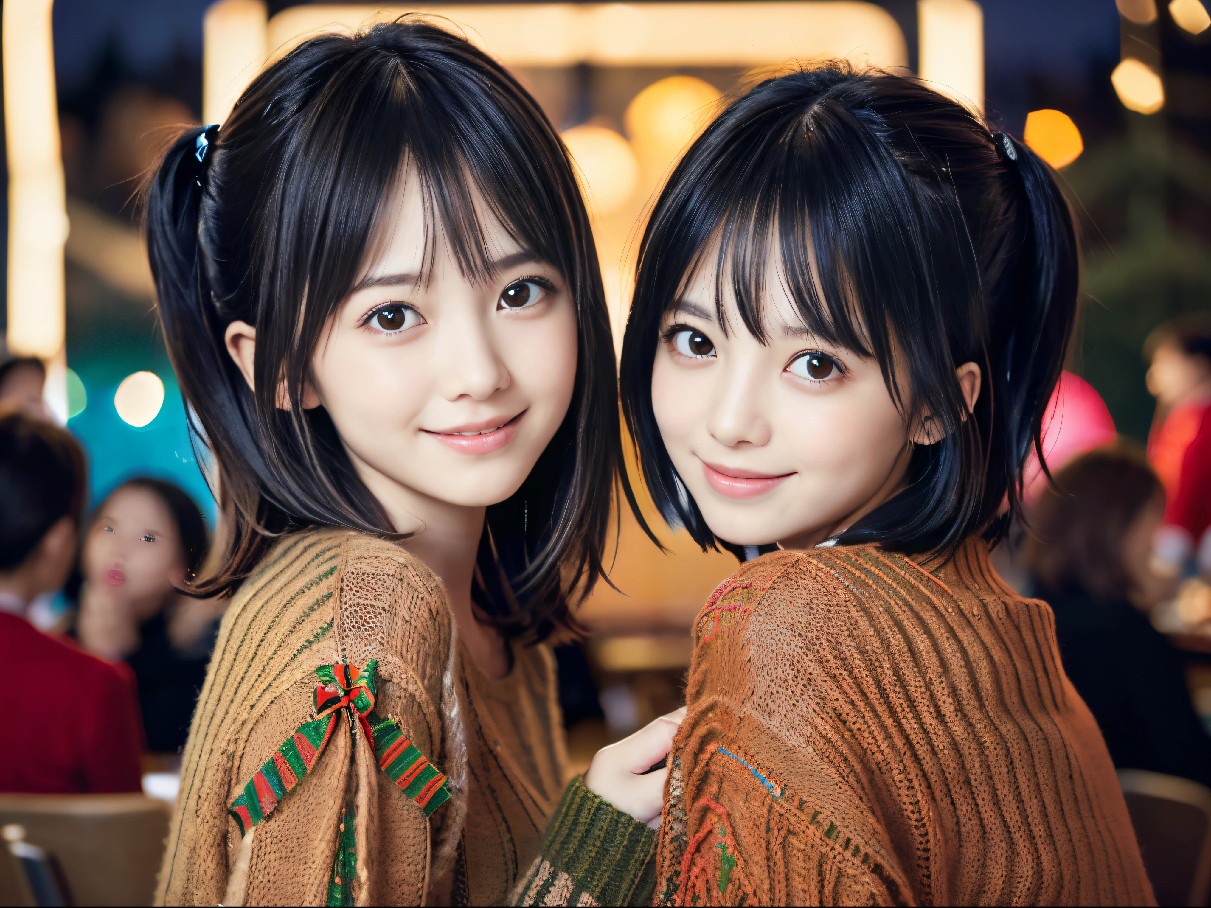 (Close up portrait of two side-up hair girls in winter colorful knitted sweaters and black shirts and a girl with light brown short hair。:1.5)、(Girls holding a Christmas party with smiles at a cafe at night:1.5)、( Blurry background,:1.5)、(Perfect Anatomy:1.3)、(complete hands:1.3)、(complete fingers:1.3)、Photorealsitic、Raw photography、masutepiece、top-quality、hight resolution、delicate and pretty、face perfect、Beautiful detailed eyes、Fair skin、Real Human Skin、((thin legs))