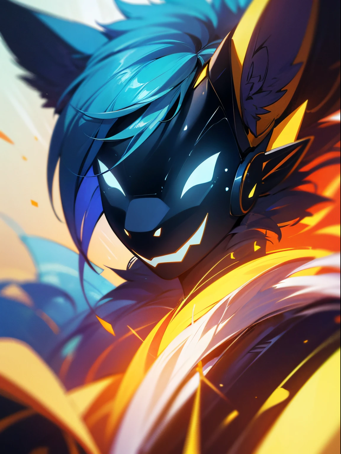 blue protogen, smiling, happy, dynamic lighting, illustration, portrait, beautiful, particles (high quality,4k,8k,highres,masterpiece:1.2), ultra-detailed, impressionistic:colorful,