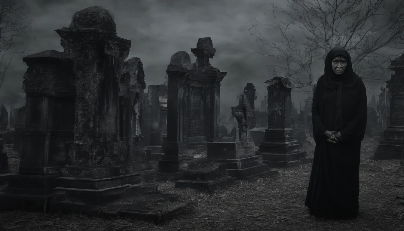 An old Indonesian grandmother who is angry with some residents with a graveyard in the background