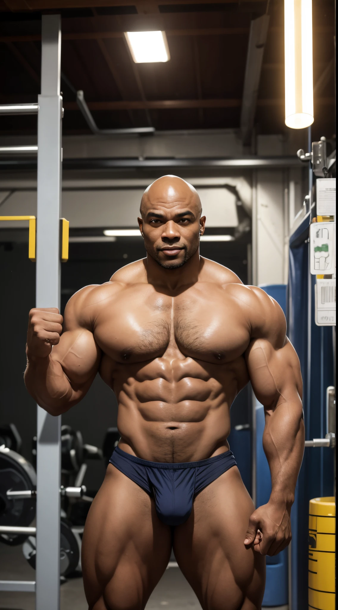 A middle-aged black male bodybuilder posing。Looking at the bodybuilder&#39;s whole body from the front。The left arm is bent with the fist raised above the shoulder to emphasize the biceps.、His right arm is also bent so that his fist is at waist height.。The back is large and the body is shaped like an inverted triangle.。The chest is also trained、It is the size of an iron ball。The lower limbs stand slightly apart.、The thighs are also strong and strong like logs.。The man has slightly thick eyebrows and a bald head with no hair.、Although he has a tough face, he smiles a little and gives the impression that he is kind.。The bodybuilder is wearing a small red swimsuit、The swimsuit managed to hide his large erect penis.。Every part of your body is trained。