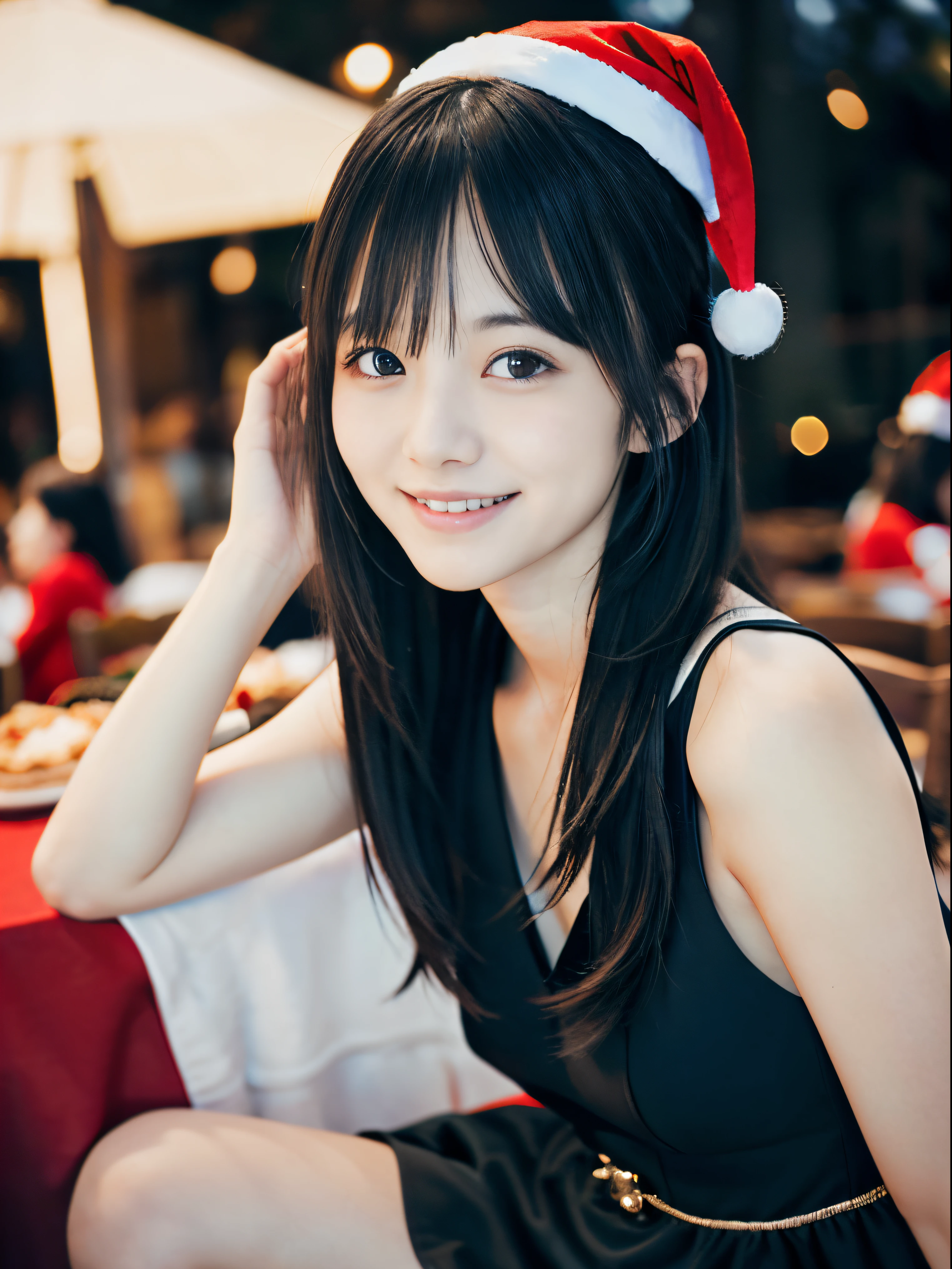 (Close up portrait of two side-up haired girls in black wearing party dresses。:1.5)、(Girls hold a Christmas party in a cafe at night with shy smiles:1.5)、( Blurry background,:1.5)、(Perfect Anatomy:1.3)、(complete hands:1.3)、(complete fingers:1.3)、Photorealsitic、Raw photography、masutepiece、top-quality、hight resolution、delicate and pretty、face perfect、Beautiful detailed eyes、Fair skin、Real Human Skin、((thin legs))