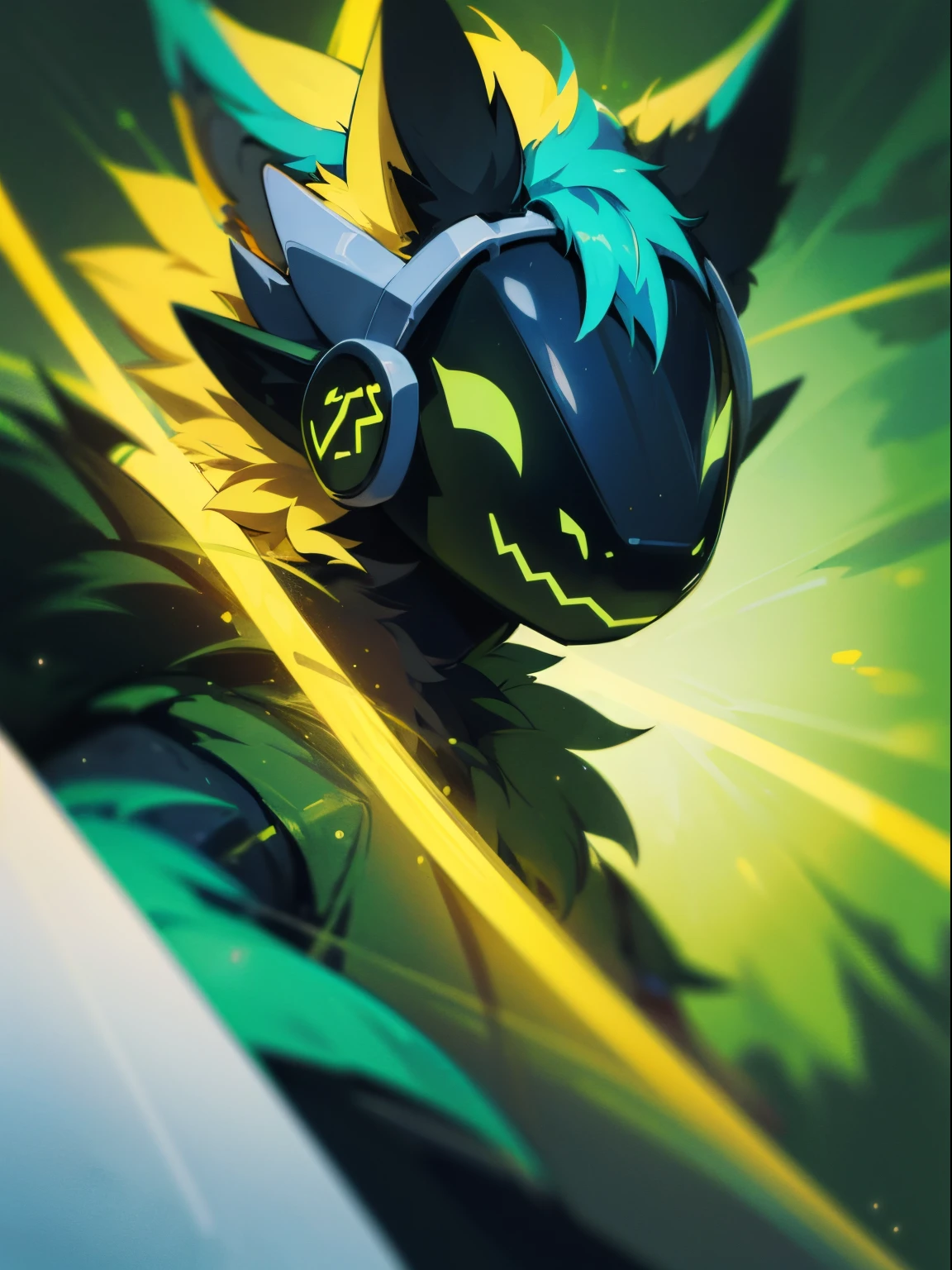 green protogen, smiling, happy, dynamic lighting, illustration, portrait, beautiful, particles (high quality,4k,8k,highres,masterpiece:1.2), ultra-detailed, impressionistic:colorful,