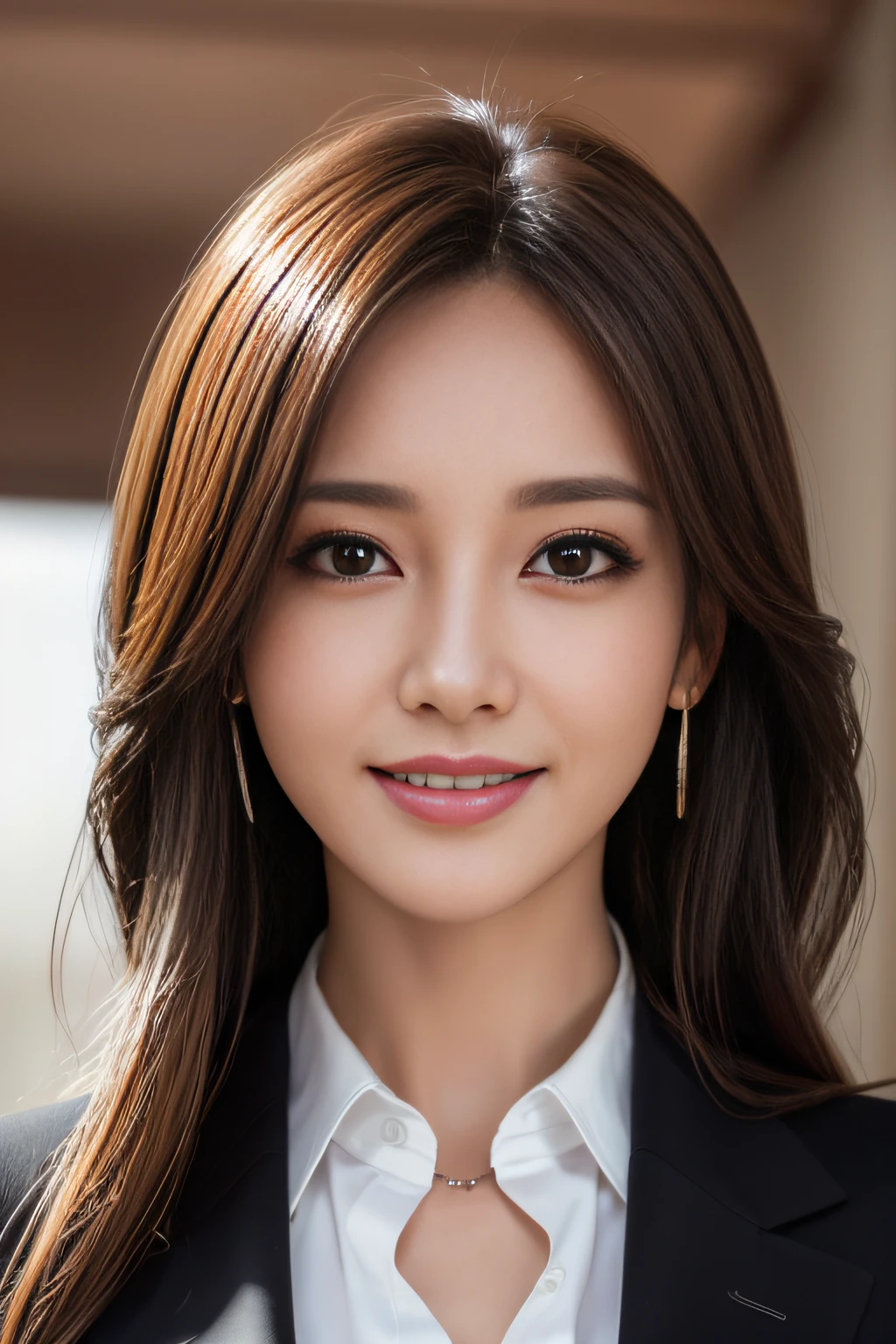 masutepiece, Best Quality, Photorealistic, Ultra-detailed, finely detail, High resolution, 8K Wallpaper, 1 beautiful woman,, light brown messy hair, in a business suit, foco nítido, Perfect dynamic composition, Beautiful detailed eyes, detailed hairs, Detailed realistic skin texture, Smiling, Close-up portrait, Model body type