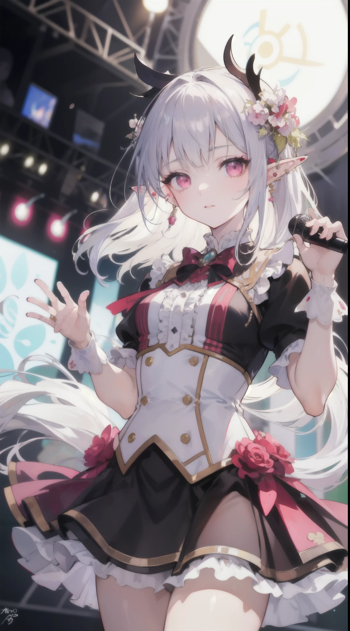 1 elf girl, hair accessories, corsage, jirai kei, (jirai kei fashion:1.1), detailed face, pink eyes, Frills, Skirts, Various accessories, (ear piercing), waving, holding microphone, stage, (depth of field:1.2), (blurry background:1.2), sharp focus, looking at viewer, cowboy shot, art style by Artgerm, By Yusuke Murata, By Alphonse mucha