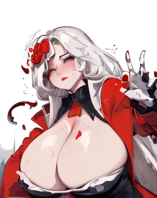 A hot Woman, milf, busty with thick thighs and big boobs, detailed eyes, red eyes, black tear strains, beautiful eyes, long white hair with white nails, red lips, milf body, thicc, soft lightning, several red stains around body and red markings about body, extra wiggly appendages, wearing large royal dress robe, puffy robe, white tentacles with red stains, covered in sweat, ghast humanized, female face, award winning, 4k, 8k, high quality, top quality, masterpiece, plump girl, fine beautiful skin, looking at viewer, HD, plump breasts ((Cleavage is so tempting)), angry and calm at the same time, Ur-Ghast from Orespawn