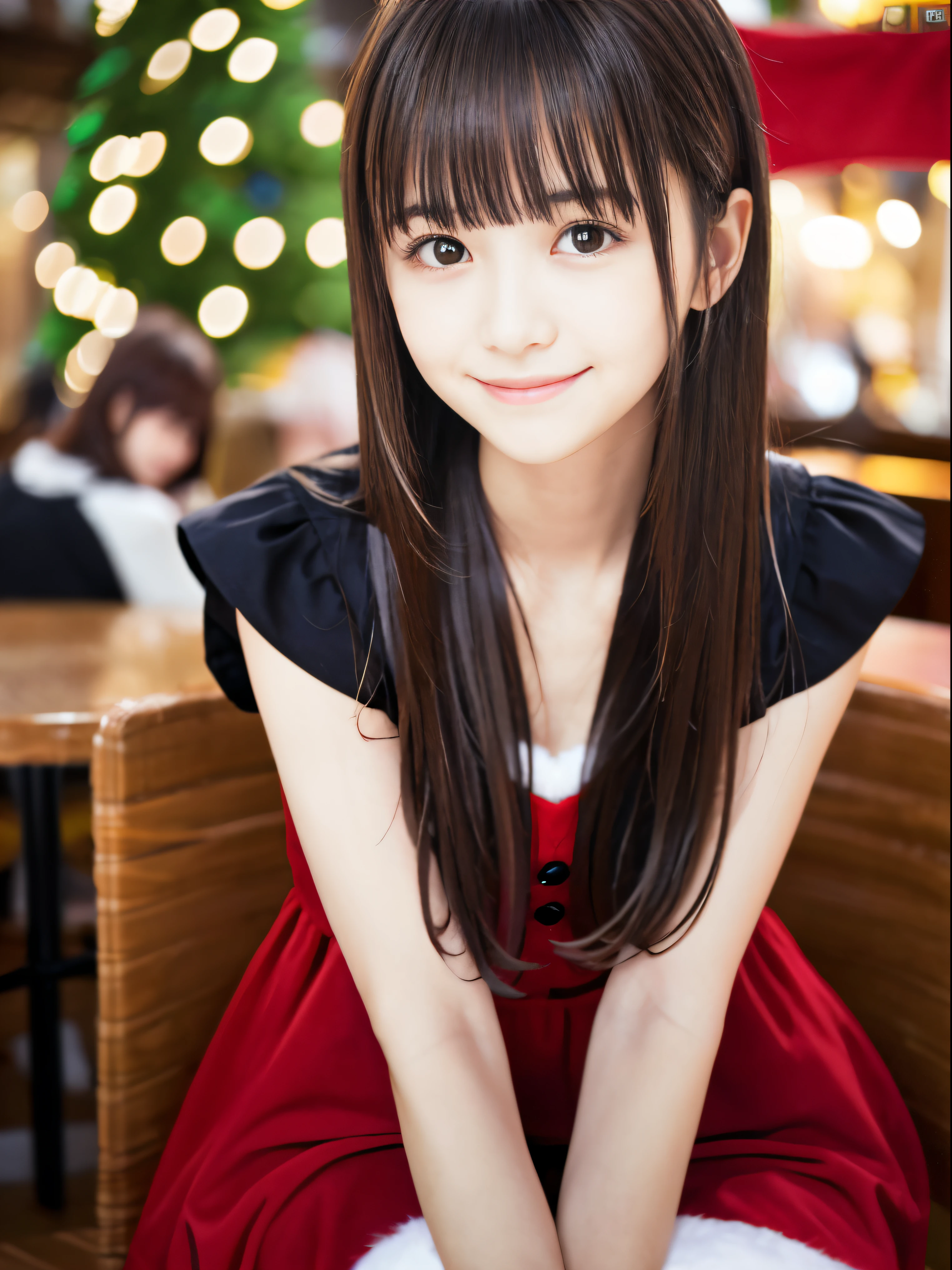 (Close-up portrait of brown half-up long hair of girl with blunt bangs in party dress:1.5)、(Girls have a Christmas party with shy smiles in a cafe at night。:1.5)、( Blurry background,:1.5)、(Perfect ???????:1.3)、(complete hands:1.3)、(complete fingers:1.3)、Photorealsitic、Raw photography、masutepiece、top-quality、hight resolution、delicate and pretty、face perfect、Beautiful detailed eyes、Fair skin、Real Human Skin、((thin legs))