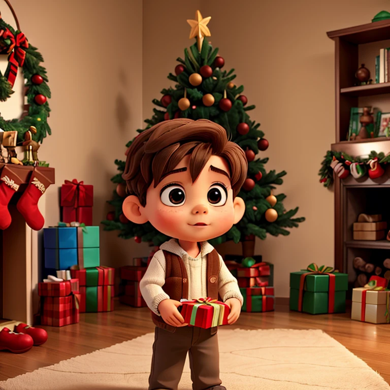 a  opening his christmas gift,christmas tree,brown haired,brown big eyes