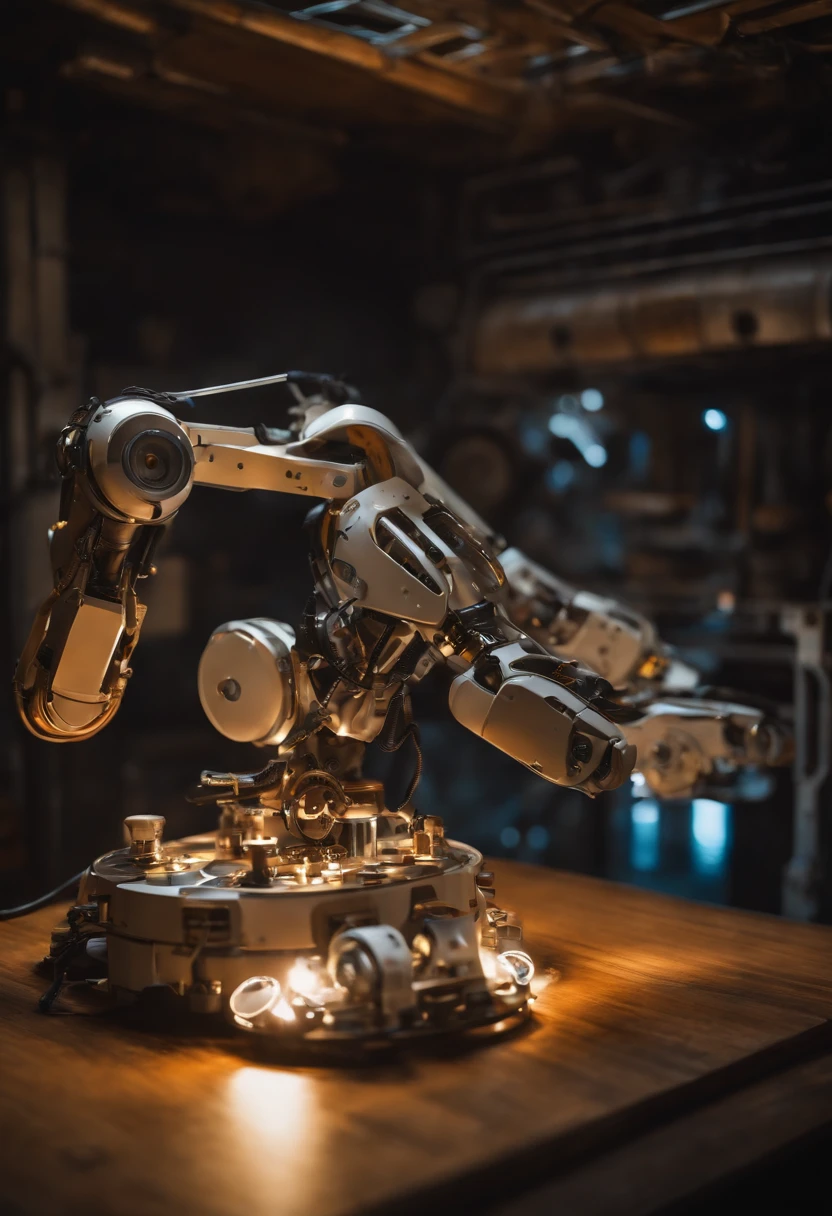 A photo of a robotic arm carefully arranging pieces of a mechanical puzzle,Portal series,GLaDOS is a robot suspended from the ceiling, female