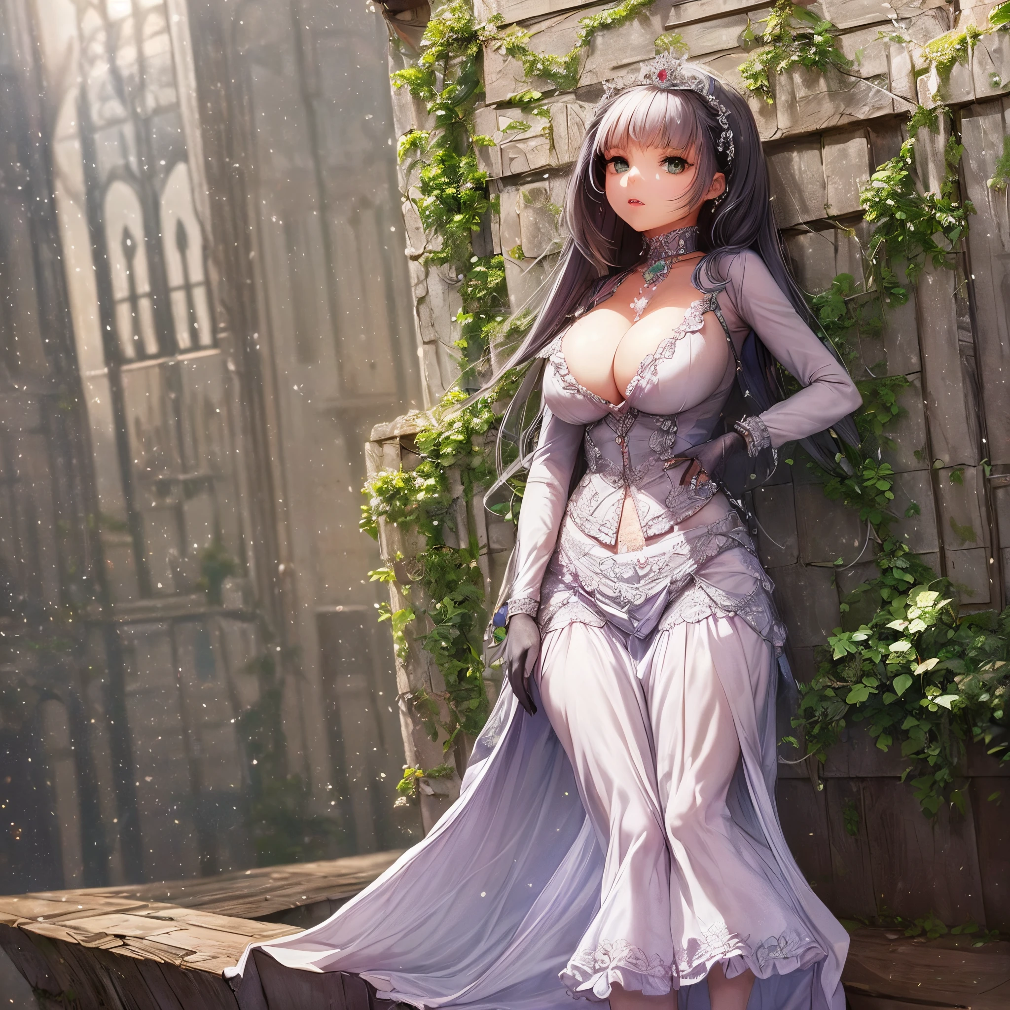 Ultra-detailed, Extremely detailed,((anime art style)),masutepiece,(Best Quality),(Super Detail),(Very delicate and beautiful),((Solo)),(((Full body))),Full body,((Detailed face and eyes)),Perfect eyes, rendered eyes,Beautiful eyes like jewels,((1 princess wearing a gorgeous rococo ball gown decorated with beautiful embroidery and jewels、With voluminous full-length hoop skirt with ruffles)),((crinoline)),Gorgeous rococo ball gown decorated with beautiful embroidery and jewels、Voluminous full-length hoop skirt with ruffles,(Large amount of straight hair,Very voluminous and very long straight hair,Absolutely long straight hair),Sparkly skin,(((very very gigantic boobs,Skindentation))),Bursting breasts,cleavage,((fantasy castle,Outdoors,Outside the castle)),long_gloves,very luxurious jeweled hair ornament,(Tiara adorned with sparkly and very gorgeous jewels),(Luxurious Jewelry),Full body,Gorgeous rococo ball gown decorated with beautiful embroidery and jewels、Voluminous full-length hoop skirt with ruffles