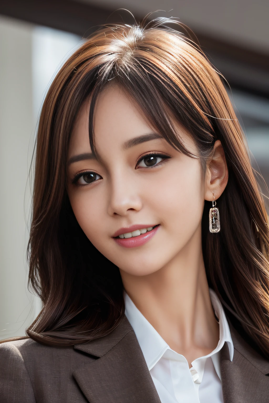 masutepiece, Best Quality, Photorealistic, Ultra-detailed, finely detail, High resolution, 8K Wallpaper, 1 beautiful woman,, light brown messy hair, in a business suit, foco nítido, Perfect dynamic composition, Beautiful detailed eyes, detailed hairs, Detailed realistic skin texture, Smiling, Close-up portrait, Model body type