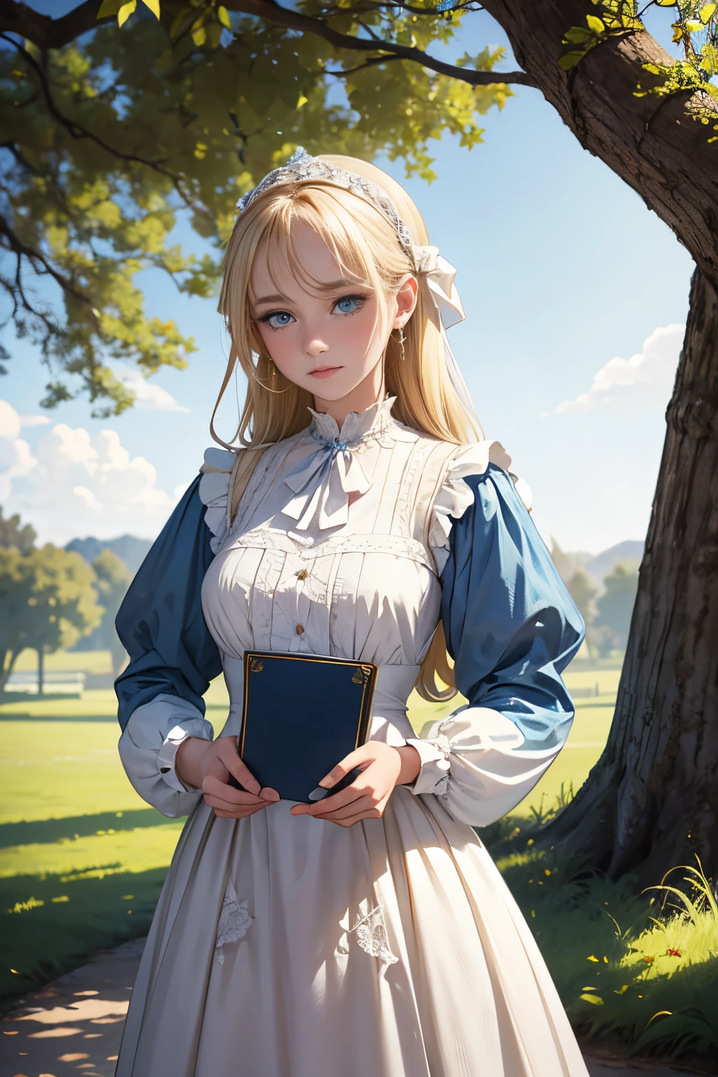 IImagine fifteen-year-old Virginia Otis, a blonde woman with blue eyes, standing near a majestic ancient oak tree. She wears a modest but elegant white summer Victorian dress, adorned with subtle lace accents. A pair of classic pearl earrings graze her delicate ears, while she holds a copy of Charles Dickens' novel “A Christmas Carol.” In her left hand, she holds a magnifying glass, a symbol of her unwavering dedication to seeking the truths behind ghostly events. Surrounded by the serenity of nature and the enigmas of history, this image of her portrays her unique mix of intellect and romanticism.