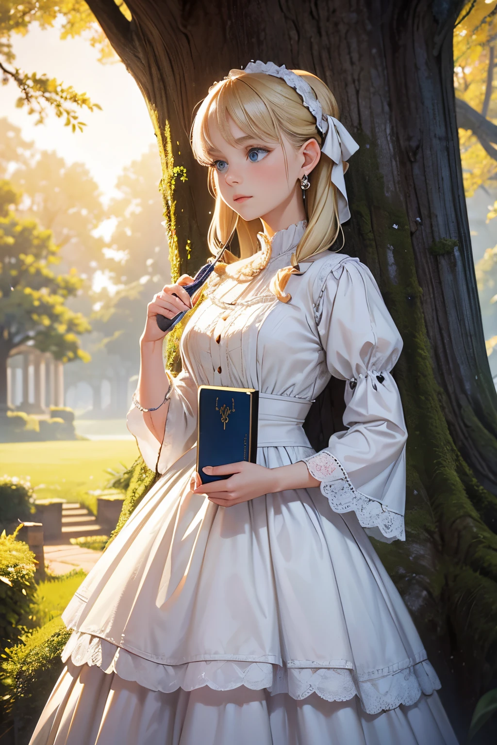 IImagine fifteen-year-old Virginia Otis, a blonde woman with blue eyes, standing near a majestic ancient oak tree. She wears a modest but elegant white summer Victorian dress, adorned with subtle lace accents. A pair of classic pearl earrings graze her delicate ears, while she holds a copy of Charles Dickens' novel “A Christmas Carol.” In her left hand, she holds a magnifying glass, a symbol of her unwavering dedication to seeking the truths behind ghostly events. Surrounded by the serenity of nature and the enigmas of history, this image of her portrays her unique mix of intellect and romanticism.