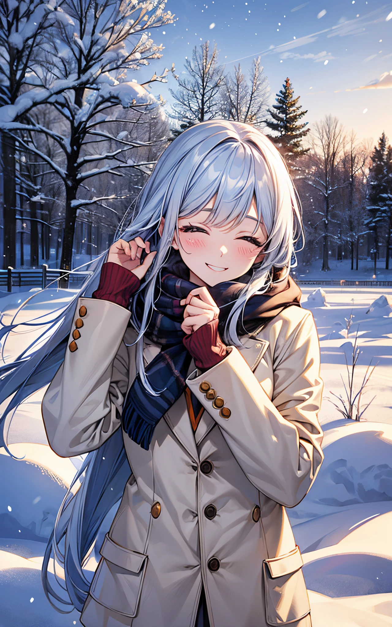 Perfect human body、She is wearing a high school uniform、Enjoying the winter snowfall、((fantastic landscape))、Sparkling snow dances、natta、I got closest to that smile