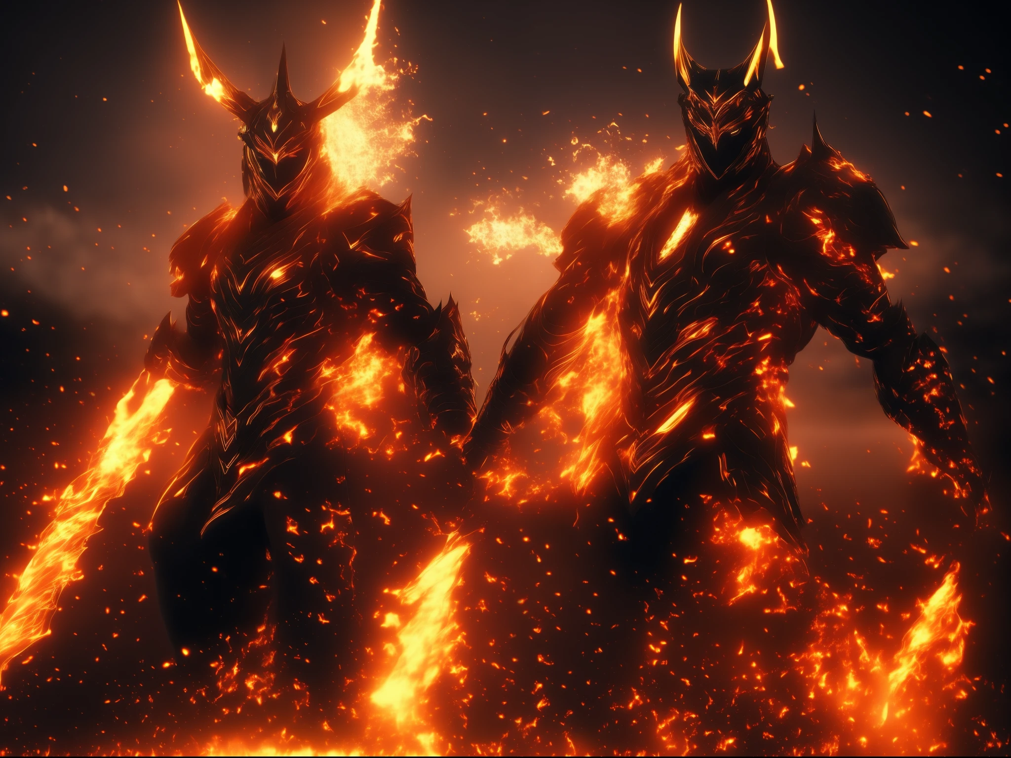 (((A young man))),full bodyesbian,（black horns）,Tanned skin,Angry eyes,brack&Gold Shorts,,Short hair,black horns,detailed meat,Red Eyes,glowing sparks,,Black background,in 8K