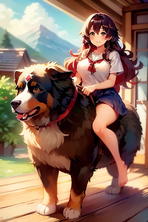 1girl, best quality, masterpiece, cute anime girl riding on a bernese mountain dog \(dog\), tall, barefoot, big butt, big thighs, schoolgirl outfit, smiling, red hair, in a house