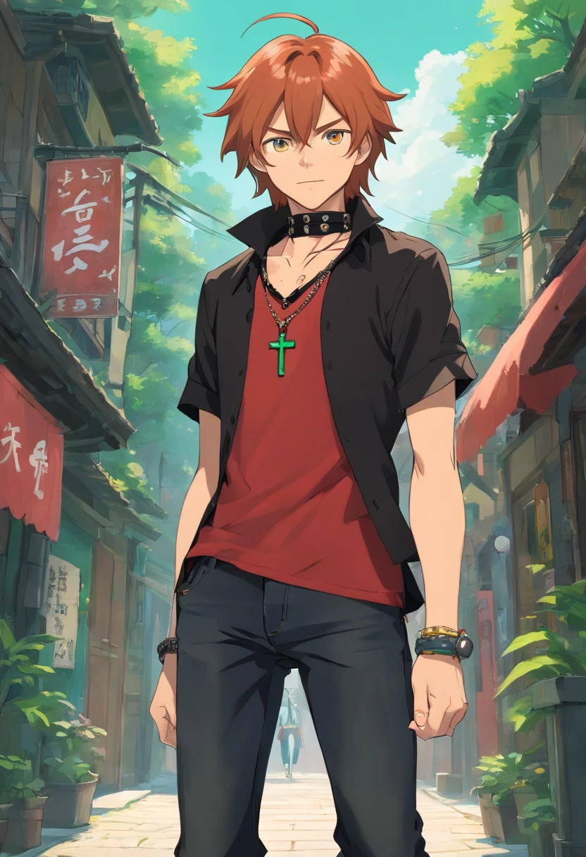 A tall guy with long ginger hair that goes a couple inchs past his shoulders that has emerald eyes with a toned build wearing tight black ripped jeans a lossely tucked in short sleeved red dress shirt the top buttons unbuttoned red and black studded belts layered and collar style choker with a broken chain attached to it and tla upside down cross necklace and bracelets, and  black combat boots
