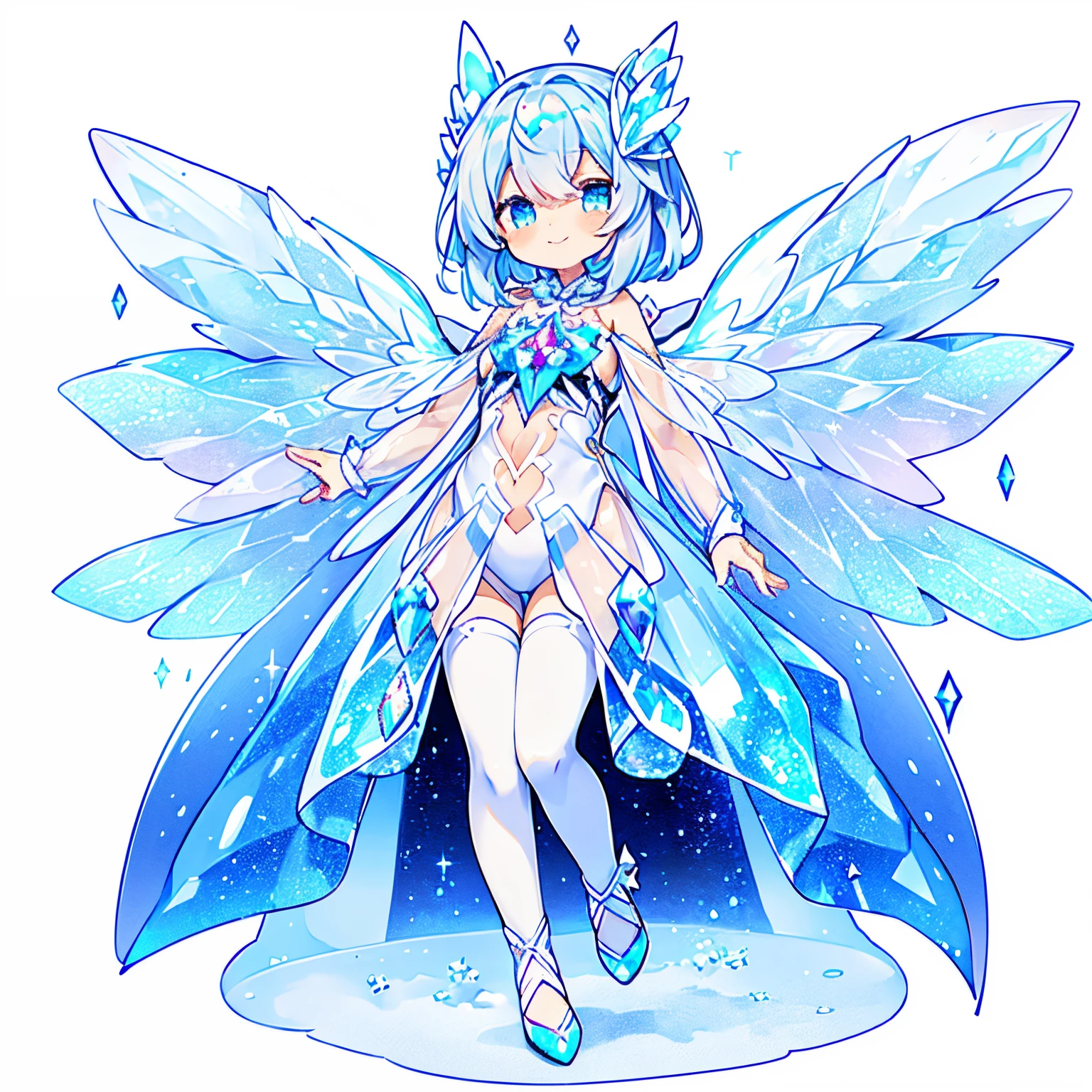 A smile、full body Esbian、Ice fairy flying in powder snow. (She wears transparent and sparkling crystal wings.:1.5)Beautiful face and brightly colored glowing eyes. She wears a costume decorated with snow and ice crystals.... Fantastic ice flowers blooming on a snowy field. Detailed drawing. Vivid colors. High image quality.From Side