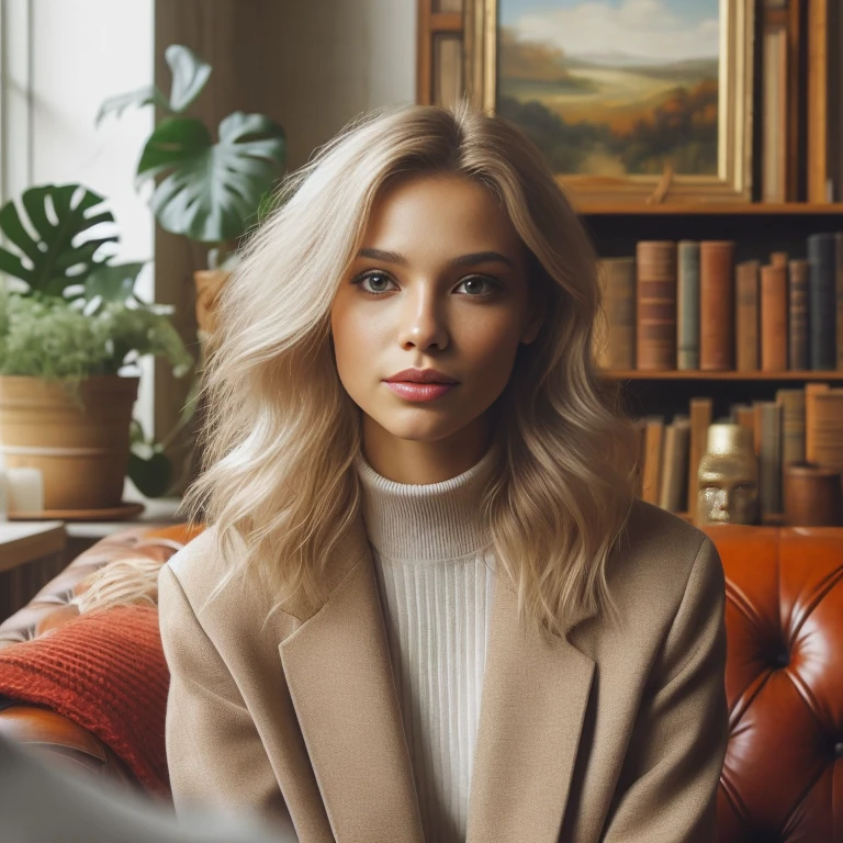 Arafa woman sitting on a sofa in a room with a bookshelf, infp mulher jovem, uma menina com cabelo loiro, mulher jovem sofisticada, Estilo de Julia Razumova, pale skin curly blond hair, Anna Nikonova aka Newmilky, Beautiful Nordic woman, menina atraente, foto de uma mulher bonita, Yelena Belova, mulher atraente, Arte digital realista 4K, retrato editorial, foto real, fotografia realista, imagem pessoas de verdade.
