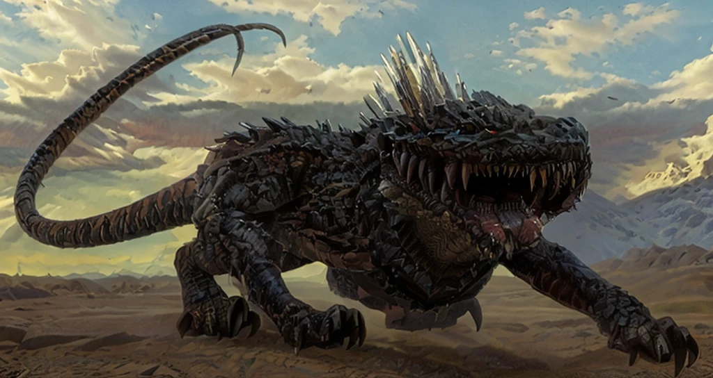 furry animal with sharp teeth and sharp claws, from pathfinder, hybrid creature, lizardfolk, top horrible creatures, looming creature with a long, realistic creature concept, a demon-like creature, desert background