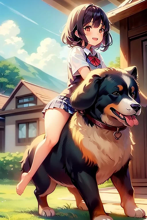 1girl, best quality, masterpiece, cute anime girl riding on a bernese mountain dog \(dog\), tall, barefoot, big butt, big thighs, schoolgirl outfit, smiling, red hair, in a house