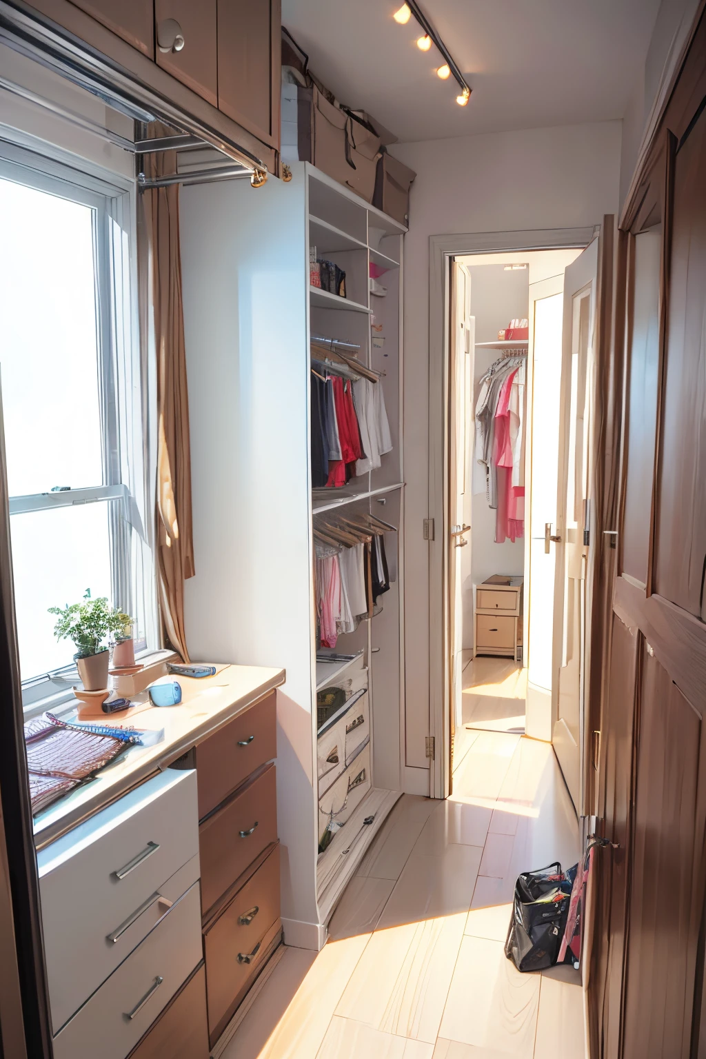 You've to draw a big wardrobe area with opened cabbinets and show clothes hanging there
Show proper lightening bulbs at corners of wardrobe