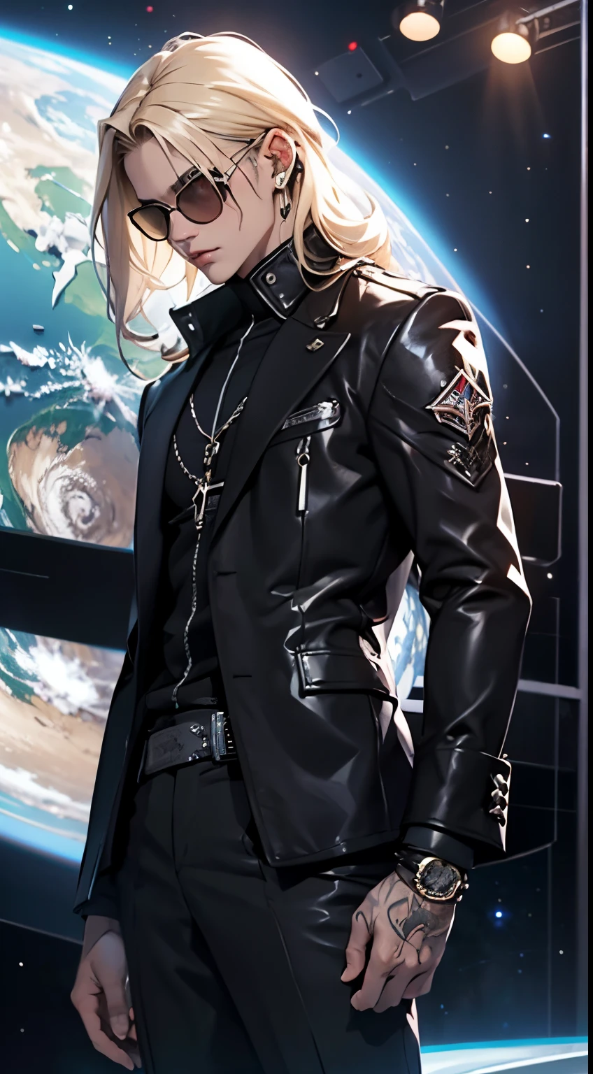 1 Axl Rose solo and black suit costume, a blond, planet earth background