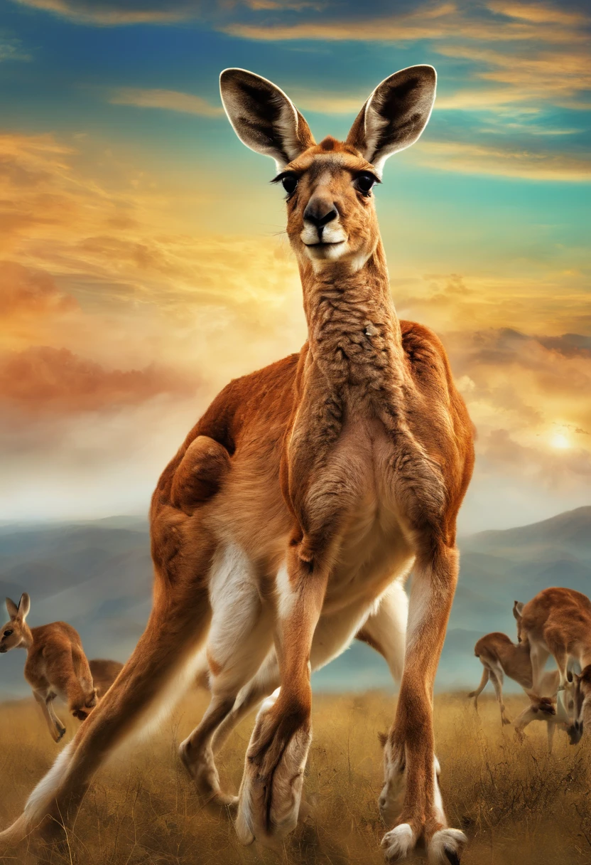 (ultra-detailliert, masutepiece, Ultra HD, Best Quality: 1.3), Kangaroos jump and kick with their hind legs