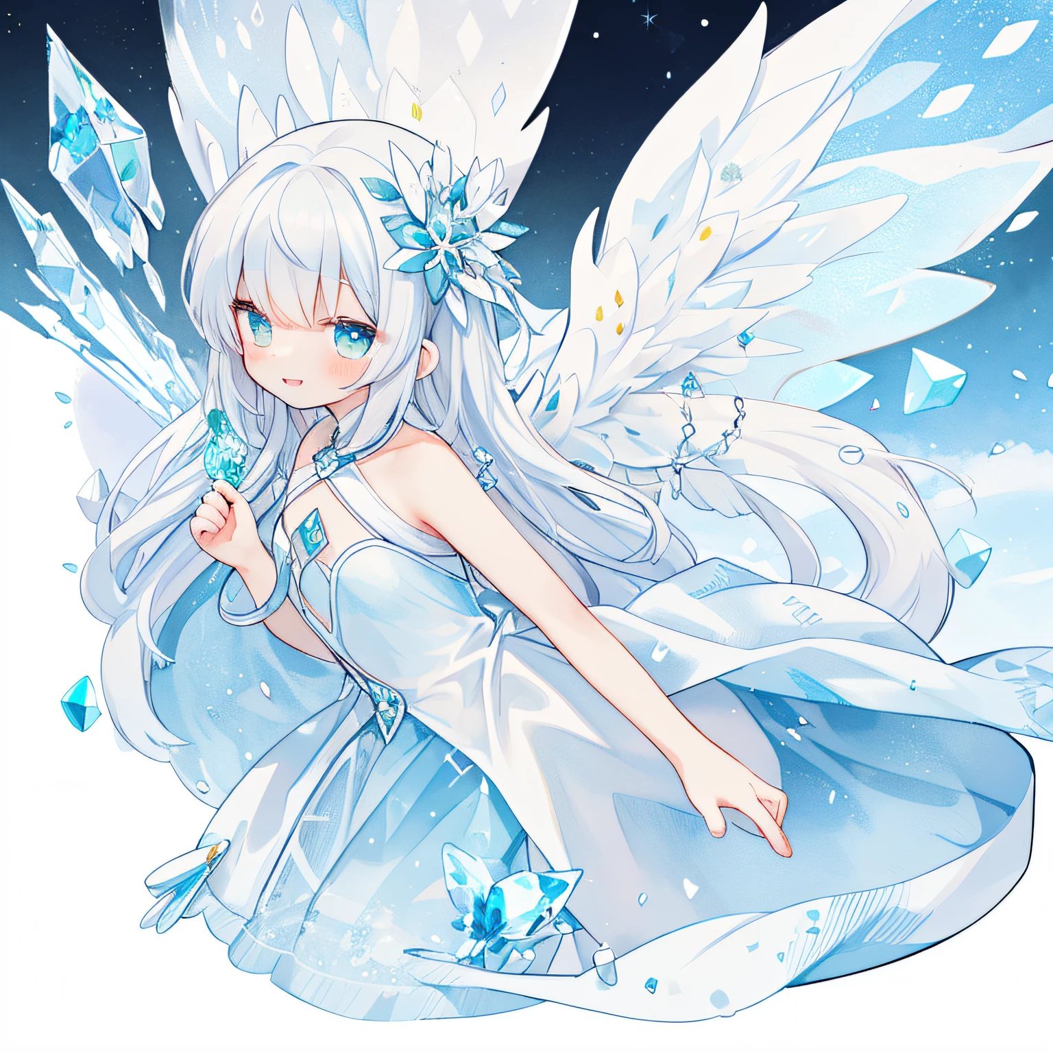 (PastelColors:1.3)、(Cute illustration:1.3)、(watercolor paiting:1.1),A smile、Ice fairy flying in powder snow. (She wears transparent and sparkling crystal wings.。.。.:1.5)Beautiful face and brightly colored glowing eyes. She wears a costume decorated with snow and ice crystals...... Fantastic ice flowers blooming on a snowy field. Detailed drawing. Vivid colors. Aurora Borealis in the background、From Side、jumpping、levitation、Thick wool gown:0.4