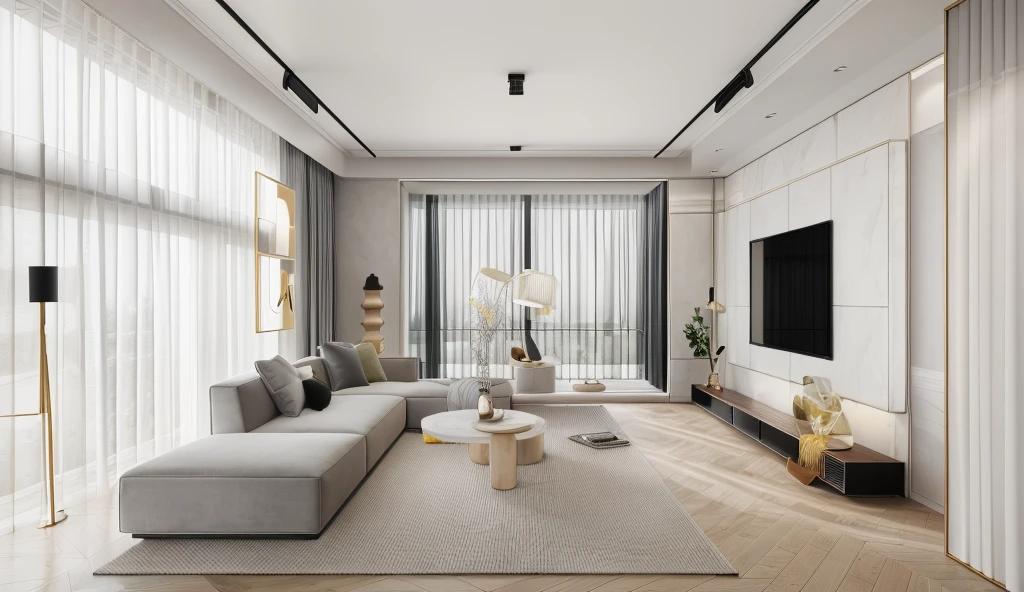 RAW photo,Masterpiece, high quality, best quality, authentic, super detail, interior, modern living room, couch, table, rug, tv sheft, windows, yellow and grey pillow, curtains, downlight 6500k, ledlight 3000k, gray white double layer curtain, (high detailed :1.2), 8k uhd, dslr, soft lighting, high quality, film grain, Fujifilm XT3