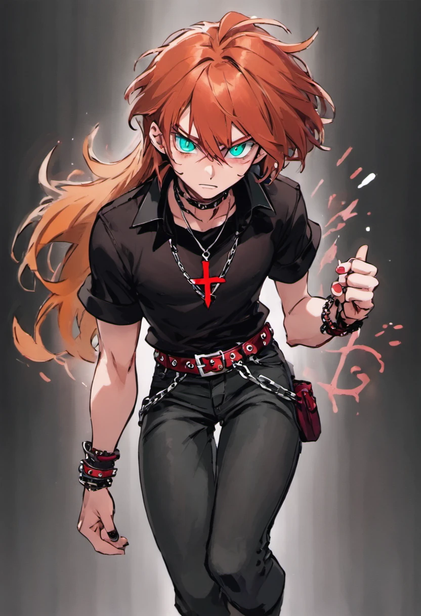 A tall guy with long ginger hair that goes a couple inchs past his shoulders that has emerald eyes with a toned build wearing tight black ripped jeans a lossely tucked in short sleeved red dress shirt the top buttons unbuttoned red and black studded belts layered and collar style choker with a broken chain attached to it and tla upside down cross necklace and bracelets, and black combat boots with a thin waist