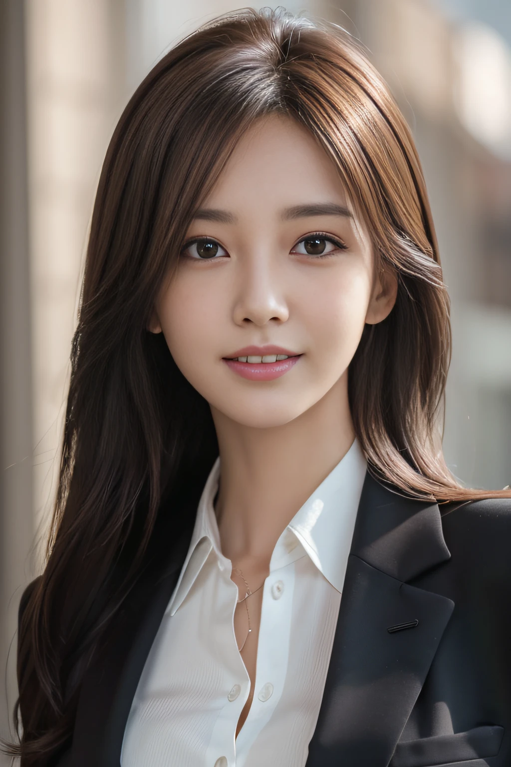 masutepiece, Best Quality, Photorealistic, Ultra-detailed, finely detail, High resolution, 8K Wallpaper, 1 beautiful woman,, light brown messy hair, in a business suit, foco nítido, Perfect dynamic composition, Beautiful detailed eyes, detailed hairs, Detailed realistic skin texture, Smiling, Close-up portrait, Model body type