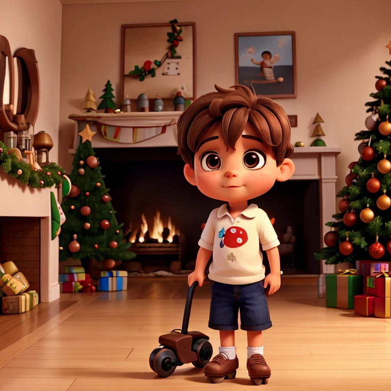 a little boy,brown hair,brown big eyes,a gift,roller skate,christmas tree
