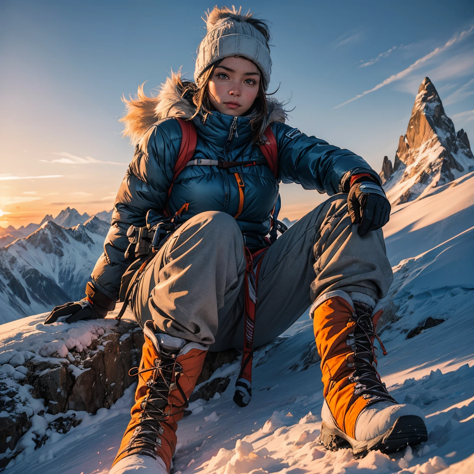 female climber at summit, heavy winter gear, mountaineering boots, frost-covered face, no sunglasses, expression of determination, sunrise light, snow-capped mountains, high-resolution, realistic textures, breath visible in cold air
