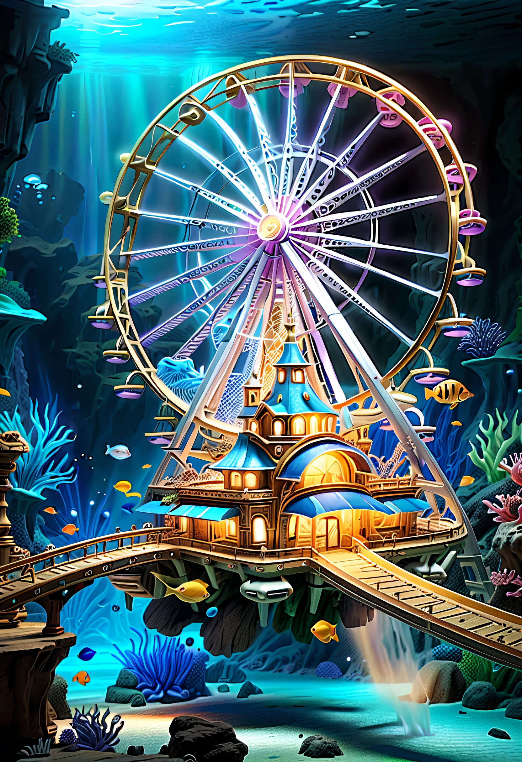 ((32k UHD, high detail, 16k HDR cinematic art)) very detailed gouache painting, (((deep sea futuristic_theme_A park integrated with an aquarium with extremely detailed gouache illustrations:1.4))), (((futuristic intricate details_underwater futuristic_SF_roller_coaster and ferris wheel_Wheel:1.4))), (((See breathtaking pop spectacles_color jellyfish street_light:1.3))), Its fantastic brilliance is captured in amazing detail.、Brought to life with unparalleled skill and craftsmanship。. Intricate details and textures in silver and gold metallics, Adorable expression, (((A true masterpiece of the highest quality:1.4))), Cool and cute, enjoy sculpture, Showcasing the artist&#39;s skillful brushwork. The artist&#39;s skillful brushwork was demonstrated, Intricate details, complex brush strokes, insane handwriting, Fine brushstrokes, (((High quality with high transparency:1.3))), (((highest quality render:1.3))), (((Everything comes into sharp focus:1.3))), Images that exude an otherworldly aura, (((Great addition digital painting:1.3))), (((Radiosity rendered in astonishing 32K resolution:1.4))), Highest Quality, hightquality, Highest Quality Masterpiece, Visually appealing and appealing images, Best possible quality, Everything in focus is sharp, extravagant wishes, The contour lines created give off an amazingly beautiful shine., breathtakingly complex and elaborate, Imagine a visually striking illustration, (((Intricate details effortlessly blend fantasy and reality:1.5))), studio style photography, film grain sharp "style Fujifilm XT3"