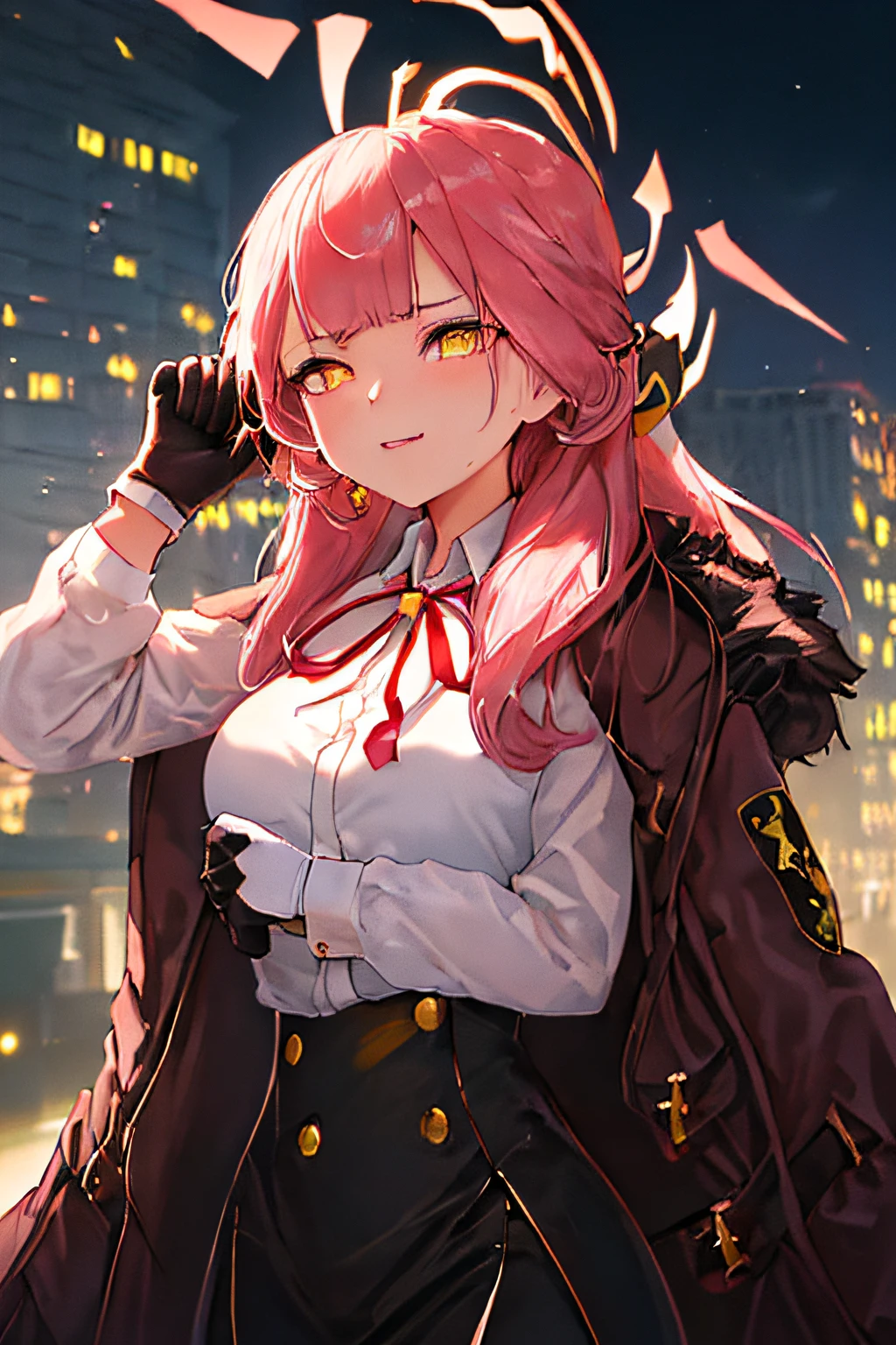 ((superfine illustration, Extremely detailed, A beautiful and cute girl, very detailed beautiful face and eyes, Big explosion in the background, A huge building is exploding in the background, Black smoke)), she&#39;s wearing a sci-fi suit, depth of fields, jump up.stagnated, Tears, Horns, Bangs, long_hair, Pink_hair, Halo, bow ribbon, Neck_bow ribbon, breasts, Red_bow ribbon, yellow_Eyes., Solo, {understand_blue archive:1.15}, 1girl in, coat, Collared_Shirt, furr_trim, Shirt, It features a simple_Background, white_Shirt, gloves, long_sleeves, white_gloves, blunt_Bangs, Red_coat, Motion Blur, Best Quality, masutepiece, hight resolution