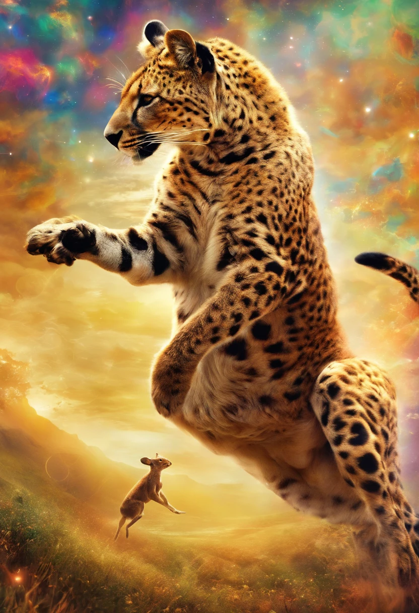 (ultra-detailliert, masutepiece, Ultra HD, Best Quality: 1.3), One kangaroo jumps and kicks with its hind legs、leopard being kicked