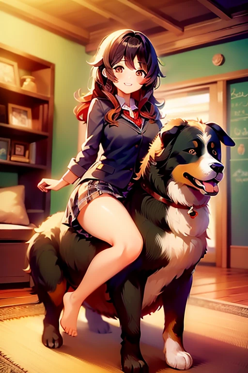 1girl, best quality, masterpiece, cute anime girl riding on a bernese mountain dog \(dog\), tall, barefoot, big butt, big thighs, schoolgirl outfit, smiling, red hair, in a house