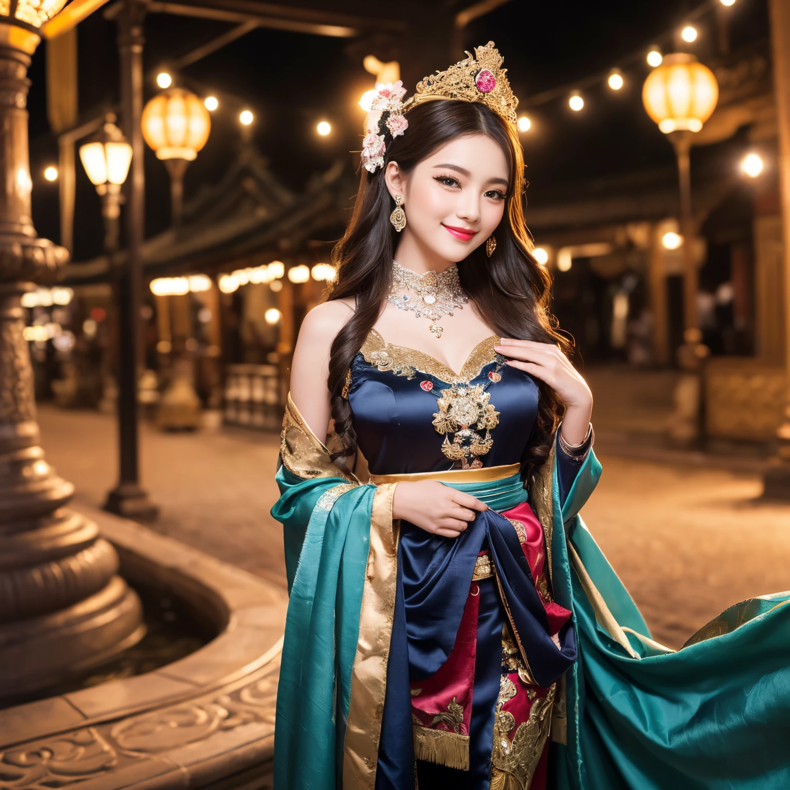 ((highest quality、muste piece、8k、best image quality、extremely complex and detailed depiction))、(Photo of the upper body of a Japanese prostitute:1.3)、(The most gorgeous and glittering:1.2)、Luxury Guru House at night、Japan&#39;the most luxurious prostitute costumes、((最もゴージャスなJapanの売春婦&#39;giant costume、The most vivid and luxurious costume Iglon costume、The most luxurious and huge garrison、An unimaginably luxurious garrison、Very luxurious and huge garrison、Huge Guru House at midnight、very intricate decoration、Very clear huge garrison))、(look at me、bewitching smile、Perfect makeup、long eyelashes、lipstick、pink eyeshadow、perfect anatomy、slight smile)、(A clear background of huge garrisons:1.3)