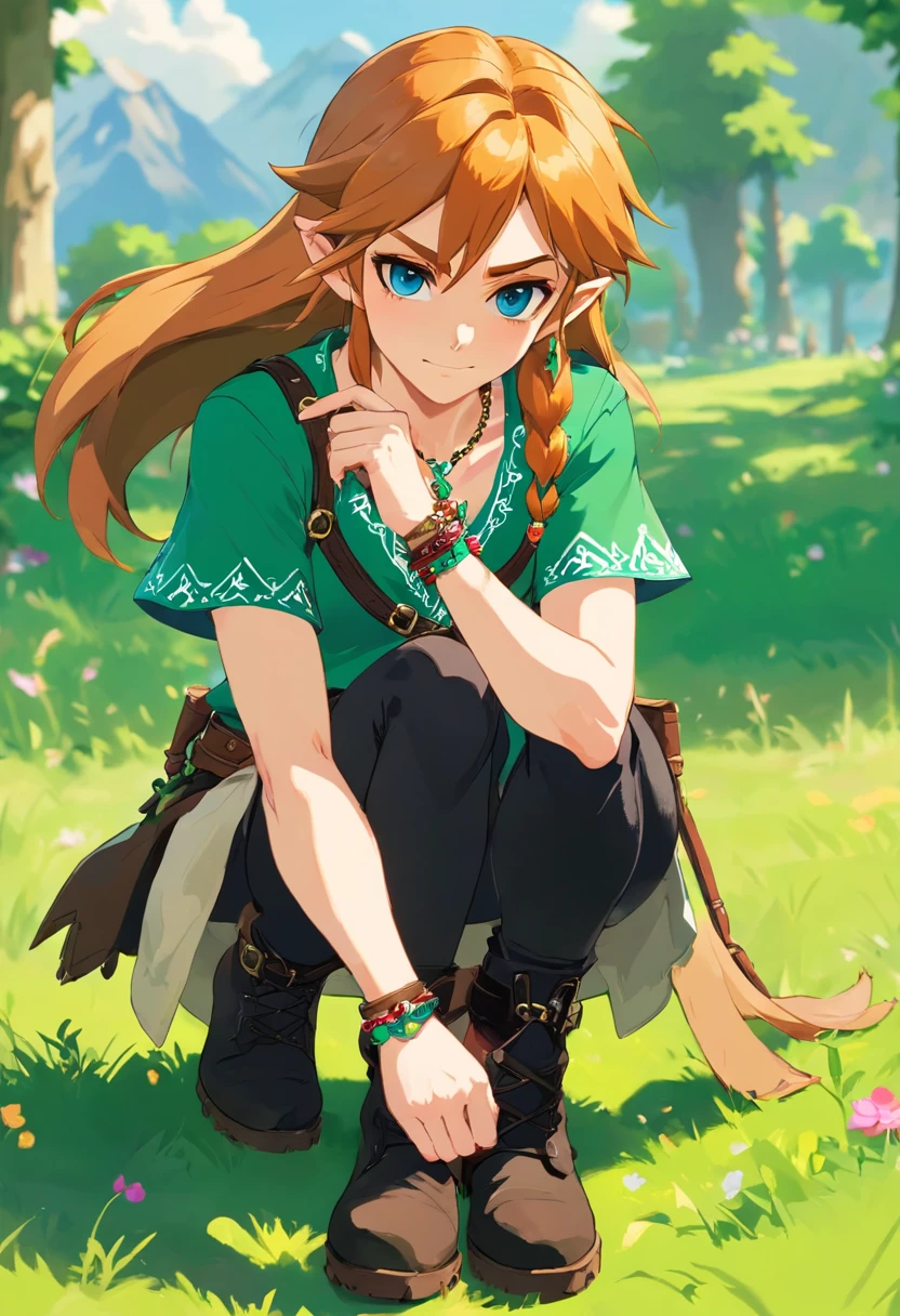 A tall guy with long ginger hair that goes a couple inchs past his shoulders that has emerald eyes with a toned build wearing tight black ripped jeans a lossely tucked in short sleeved red dress shirt the top buttons unbuttoned red and black studded belts layered and collar style choker with a broken chain attached to it and tla upside down cross necklace and bracelets, and black combat boots in breath of the wild