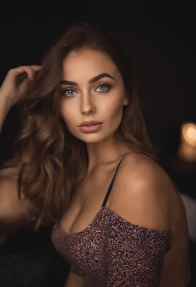 arafed woman with tight short skirt, sexy girl with blue eyes, portrait sophie mudd, brown hair and large eyes, selfie of a young woman, bedroom eyes, violet myers, without makeup, natural makeup, face with artgram, subtle makeup, stunning full body shot, cleavage, bending over, at a night club