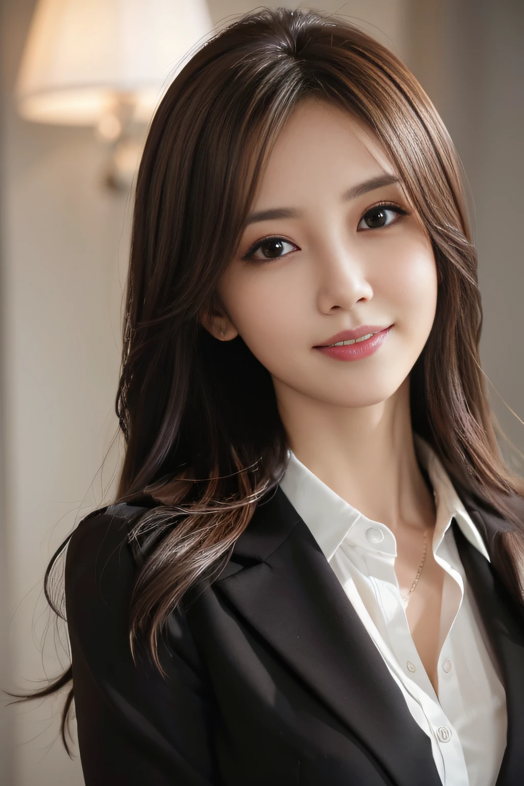 masutepiece, Best Quality, Photorealistic, Ultra-detailed, finely detail, High resolution, 8K Wallpaper, 1 beautiful woman,, light brown messy hair, in a business suit, foco nítido, Perfect dynamic composition, Beautiful detailed eyes, detailed hairs, Detailed realistic skin texture, Smiling, Close-up portrait, Model body type