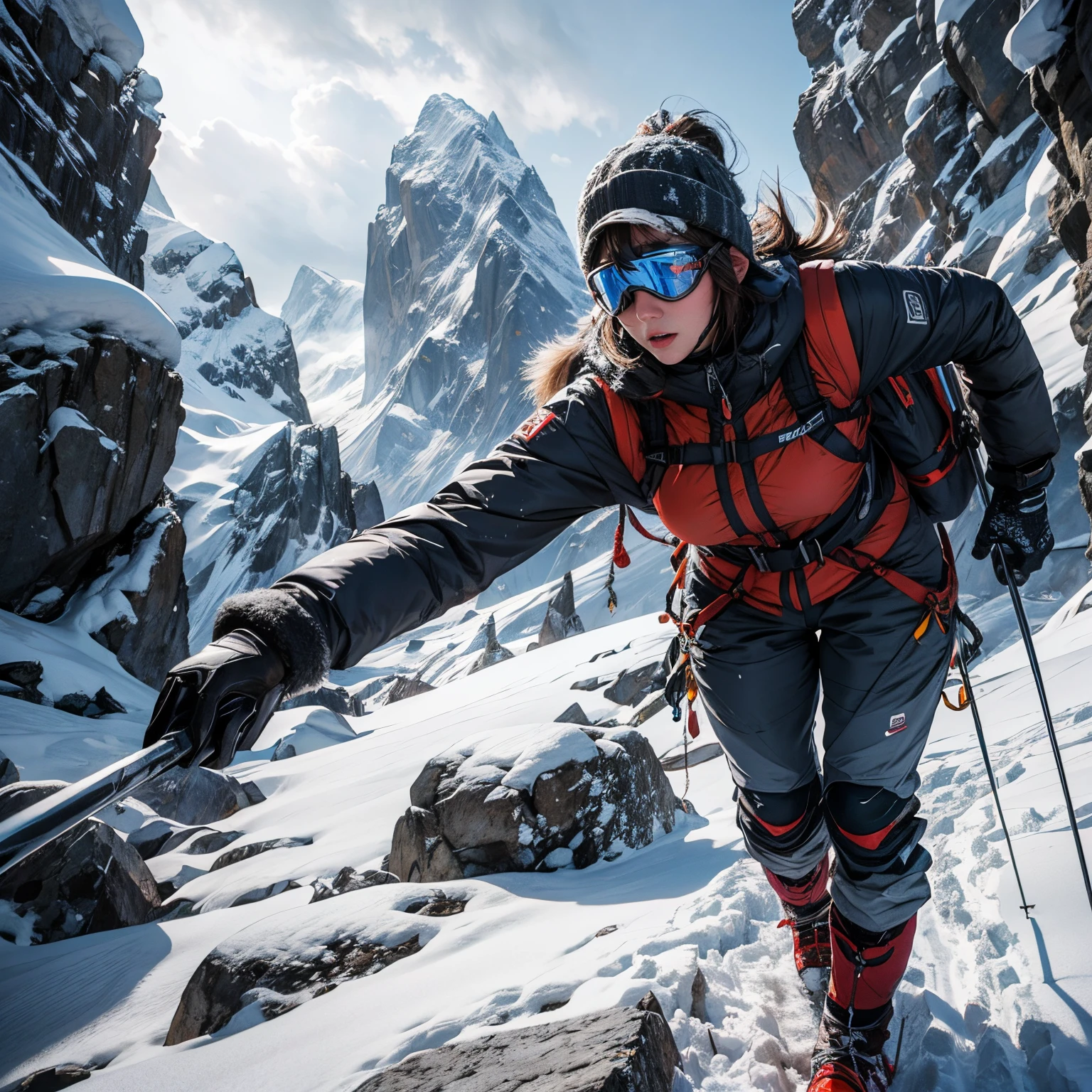 female climber ascending in blizzard, heavy snowfall, strong winds, winter mountaineering gear, ice axe, snow goggles, determined expression, snow-covered rocks, dynamic motion, challenging environment, high-resolution