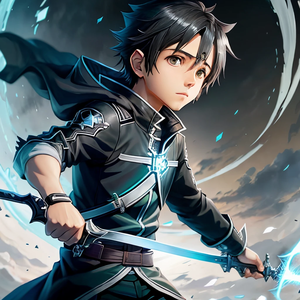 Kirito from Sword Art Online is activating his dual-wielding skill, and he looks like he's in the second of juni