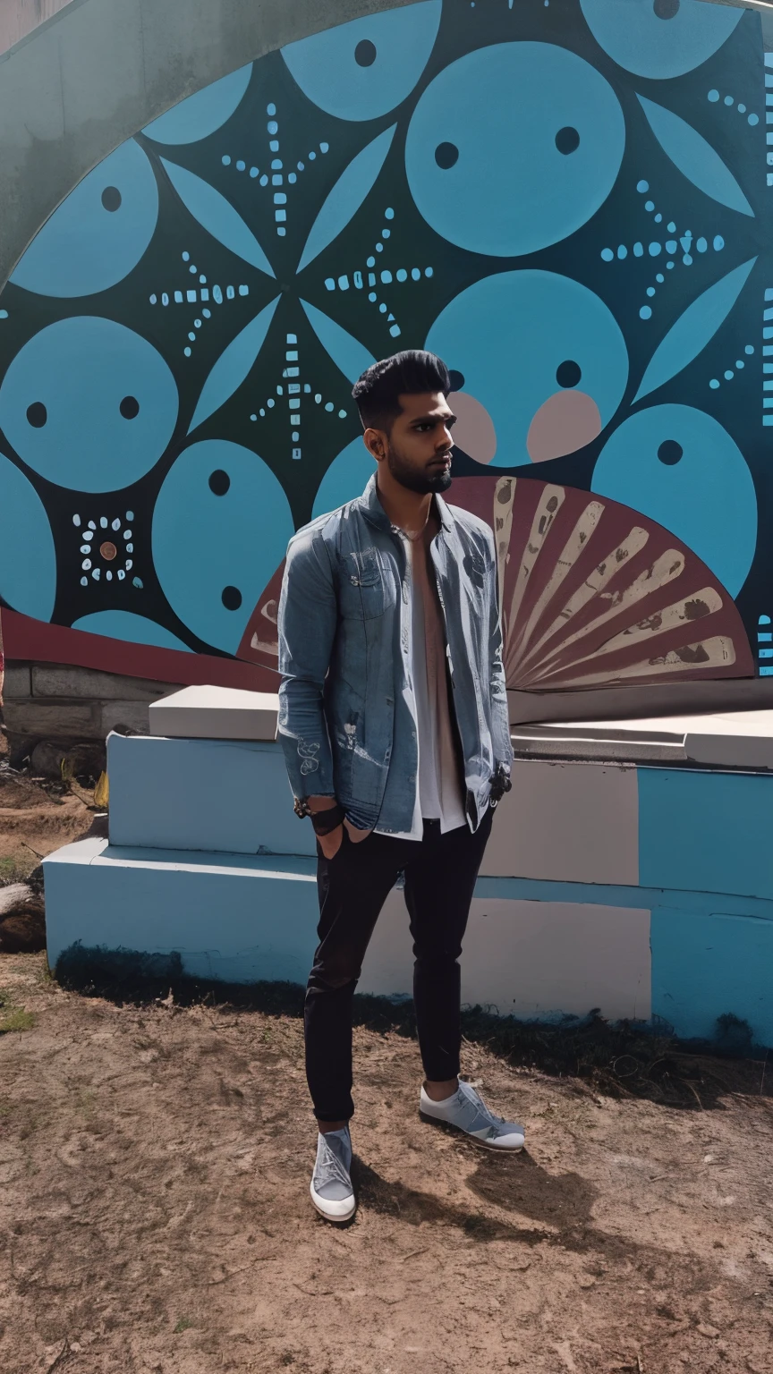 there is a man standing in front of a wall with a painting on it, album art, stylish pose, artistic pose, with a cool pose, mohamed chahin style, profile shot, random artist, profile pic, full body photogenic shot, jayison devadas, highly aesthetic, mid shot portrait, profile picture 1024px, very artistic pose, profile pose