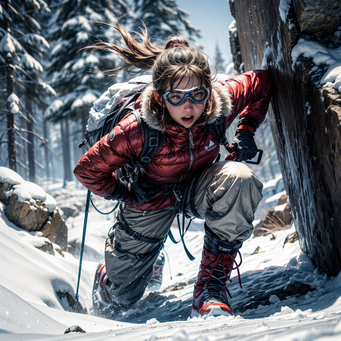 Female climber climbing in a snowstorm, Heavy snowfall, heavy wind, ice blizzard, winter climbing equipment, Ice axe, Snow goggles, Determined expression, Snowy rocks, dynamic motion, challenging environment, hight resolution